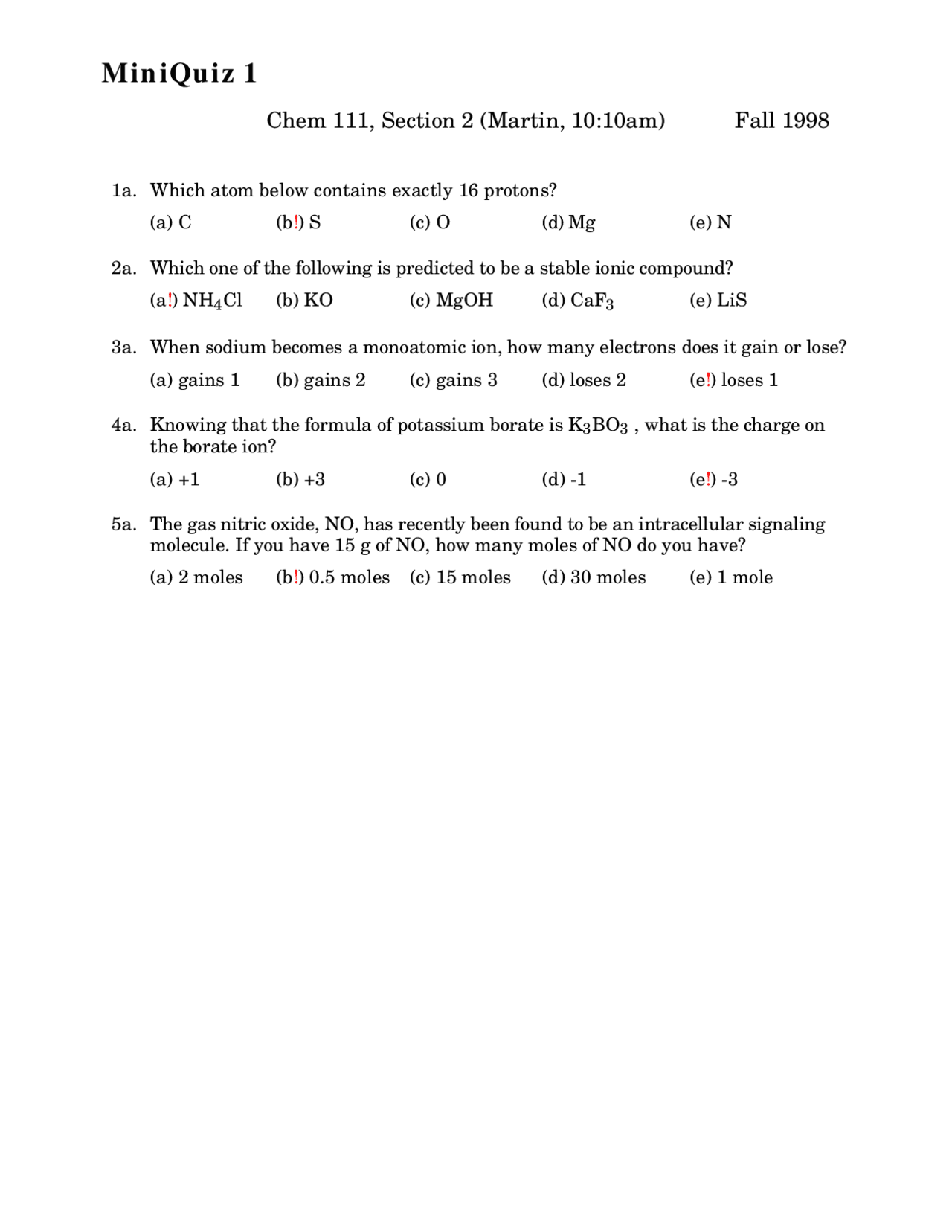 Mini Quiz With Key For General Chemistry | Chem 111 - Docsity Mini Quiz With Key For General Chemistry | Chem 111 - Docsity