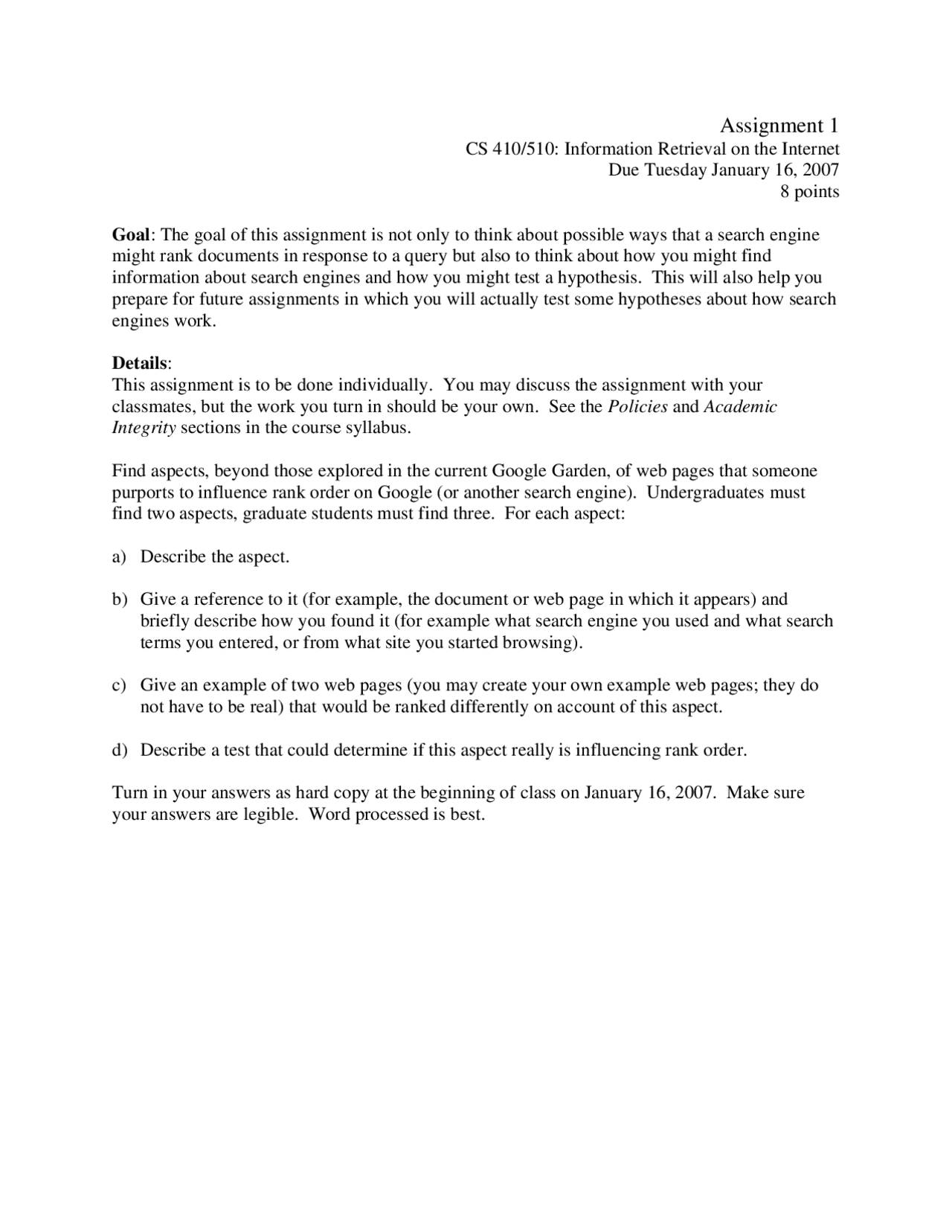 Internet Assignment Examples The Information Retrieval on the Internet - Assignment 1 | CS 410 ...