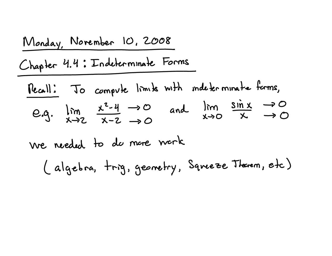 Indeterminate Forms - Handwritten Notes | MATH 121 - Docsity