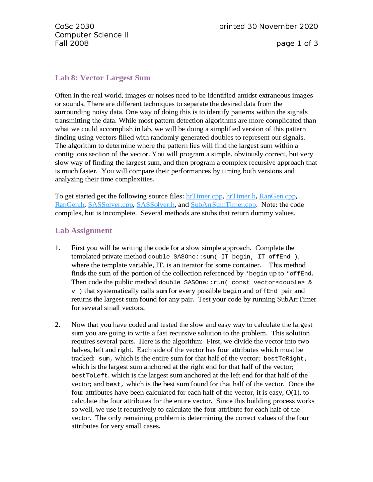 Vector Largest Sum - Computer Science II - Lab 8 | COSC 2030 - Docsity