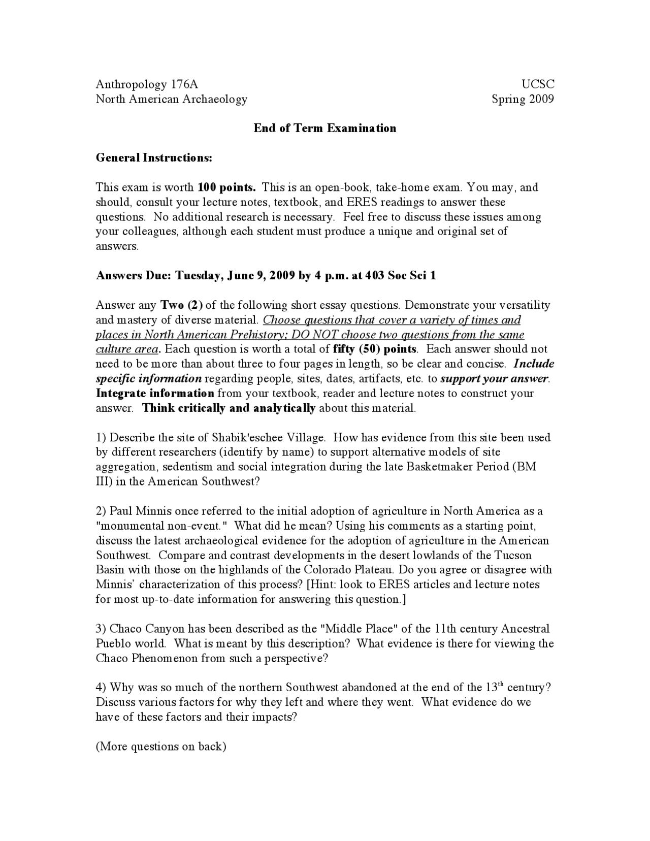 10 Questions Final Term Exam North American Archaeology ANTH 176