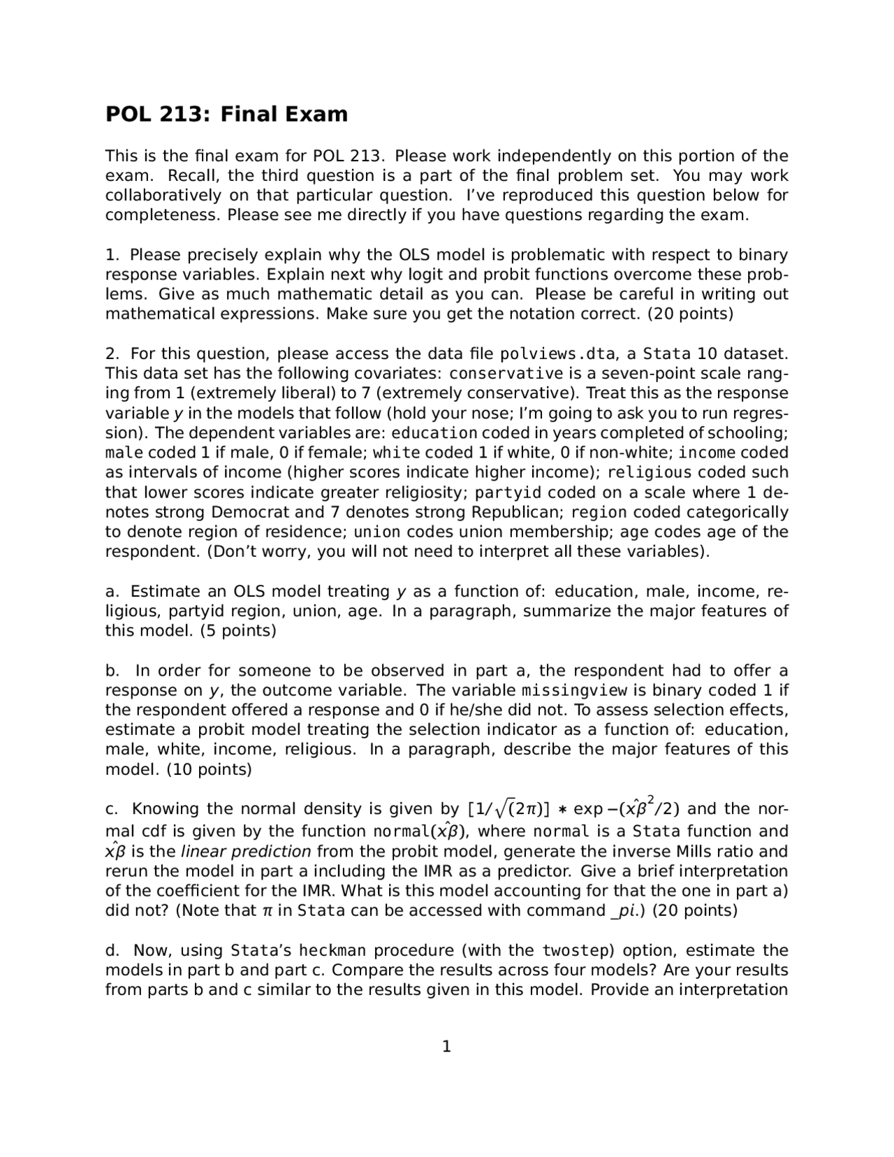 Final Exam for Quantitative Methods in Political Science | POL 213 ...