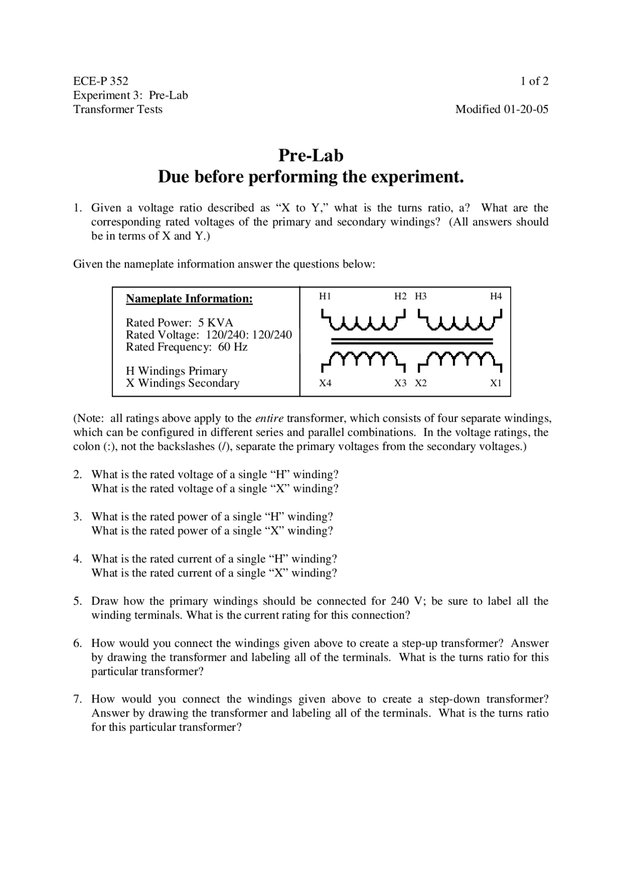 Transformer Project Lab Performance Transformer Experiment - Laboratory Review | ECEP 352 - Docsity
