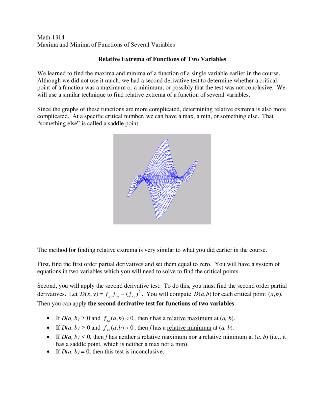 Relative Extrema Of Functions Of Two Variables Notes MATH 1314 Relative extrema of functions of two variables notes math 1314