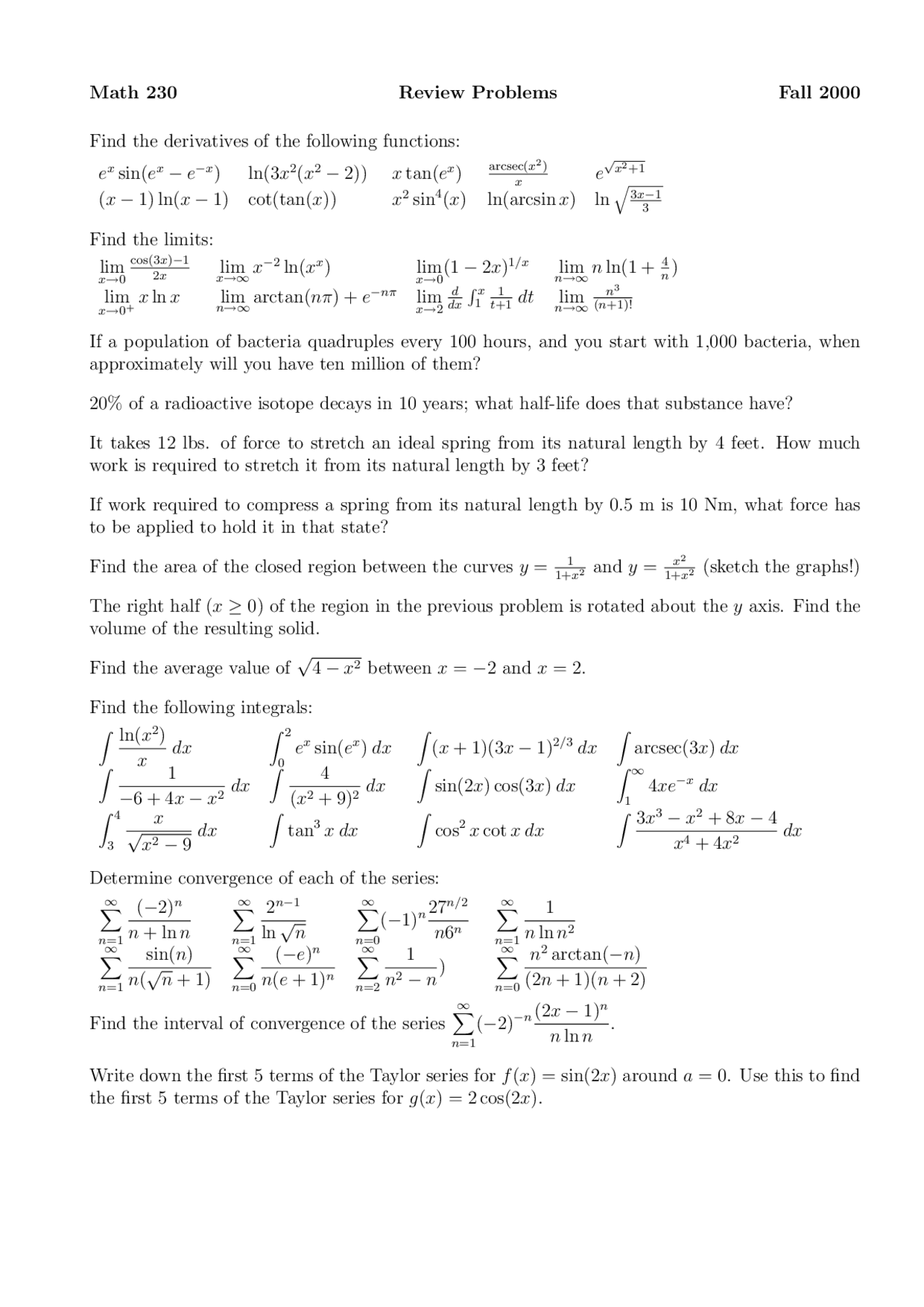 Math 230: Fall 2000 Review Problems - Derivatives, Limits, Integrals ...