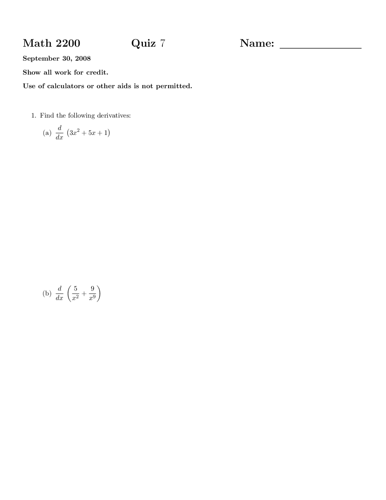 Calculus I - Quiz 7 Sample Questions | MATH 2200 - Docsity