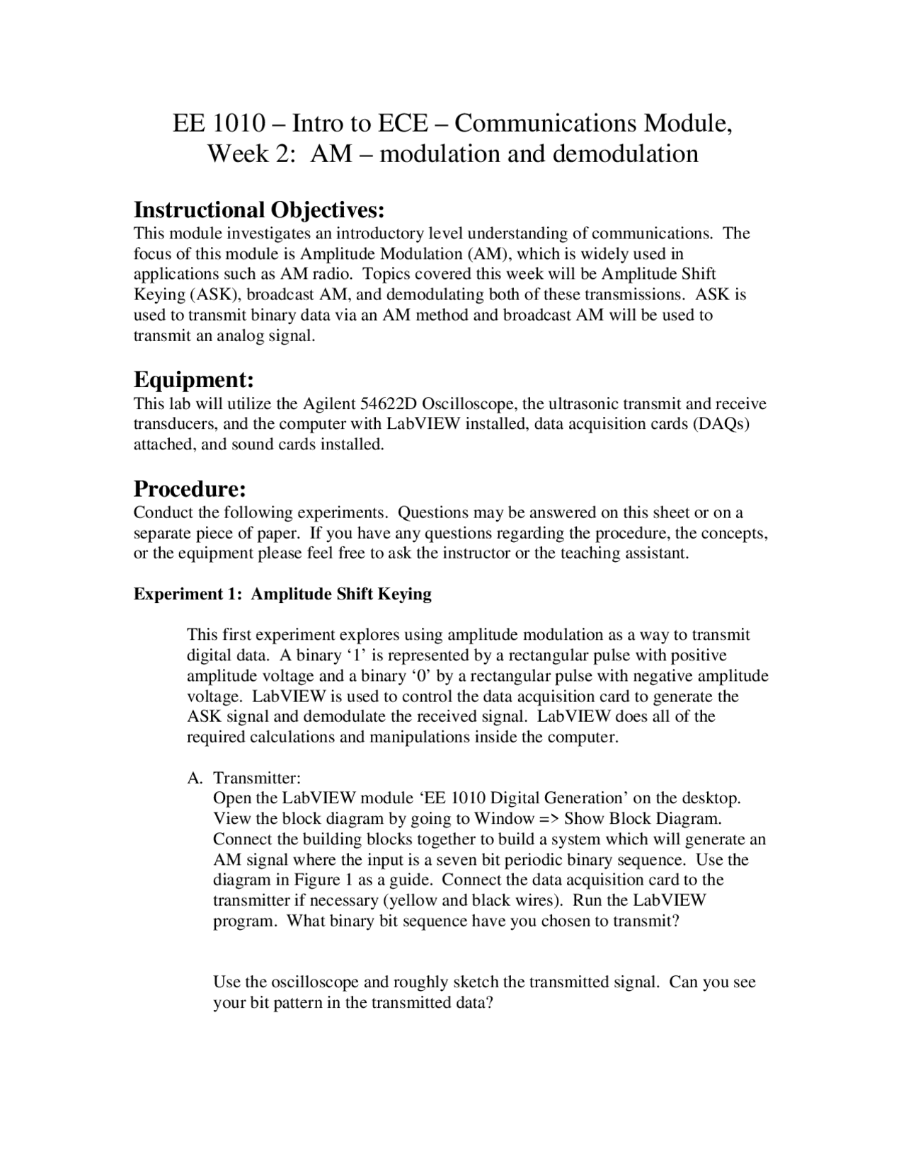 Modulation and Demodulation - Laboratory | EE 1010 - Docsity