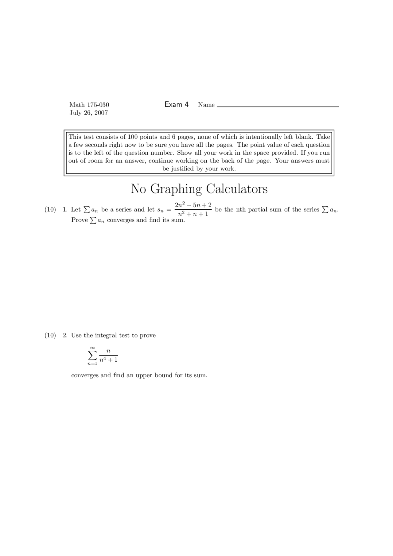Practice Exam 4 - Calculus II - 2007 | MATH 175 - Docsity