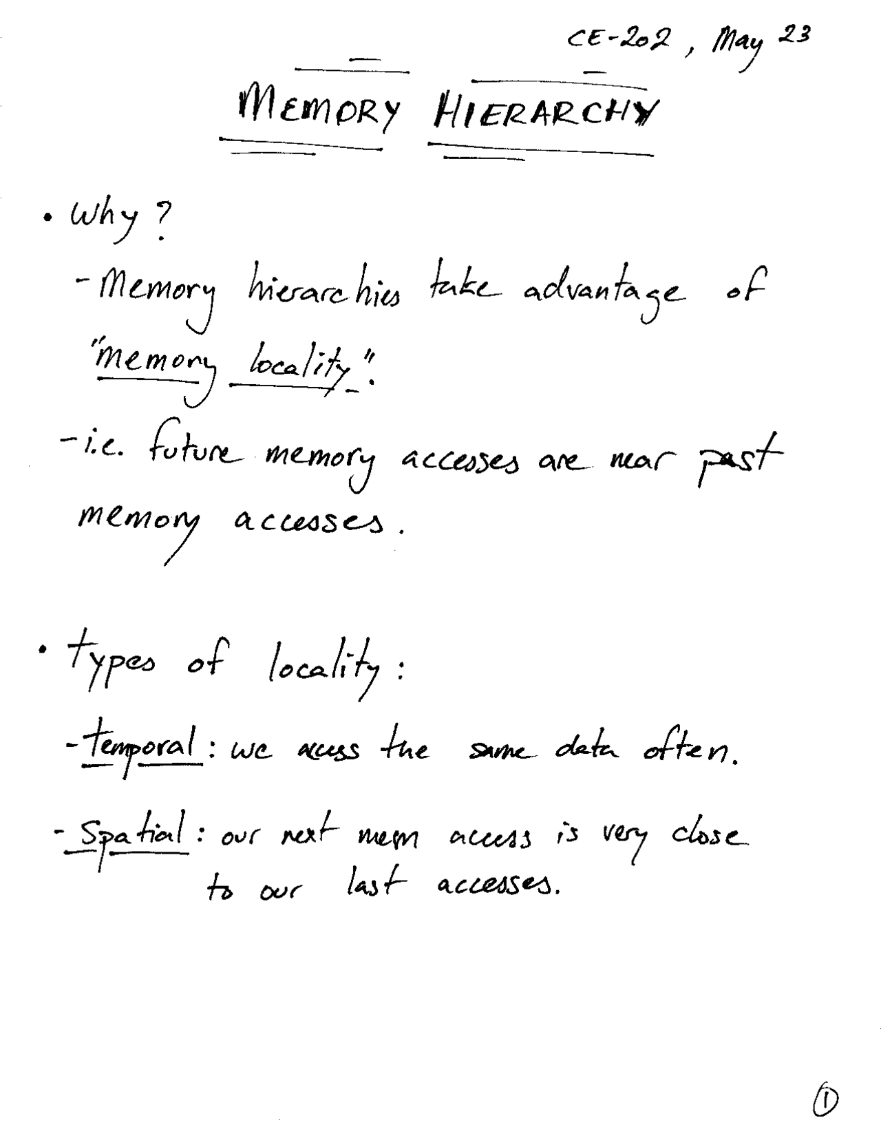 Memory Hierarchy - Handout Notes | CMPE 202 - Docsity