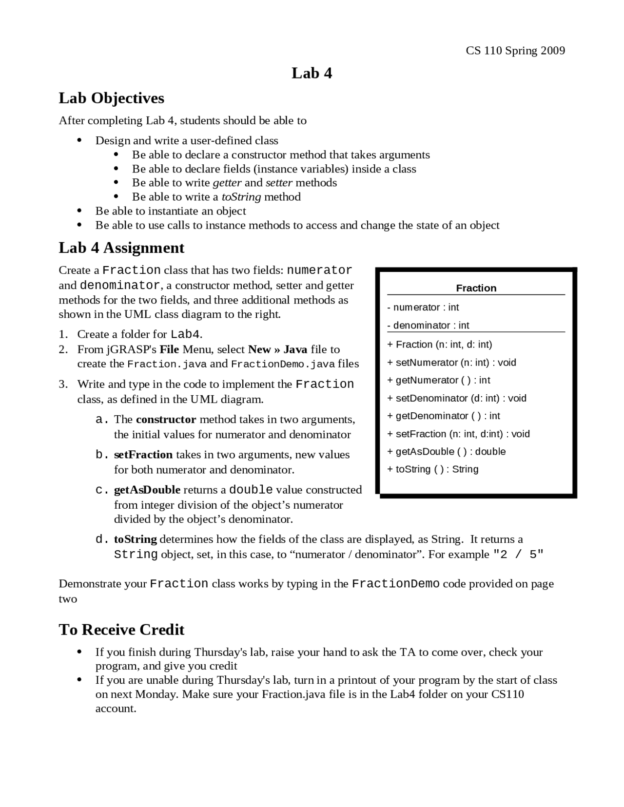 Setter and Getter Methods with Expected Test Data - Lab 4 | CS 110 ...