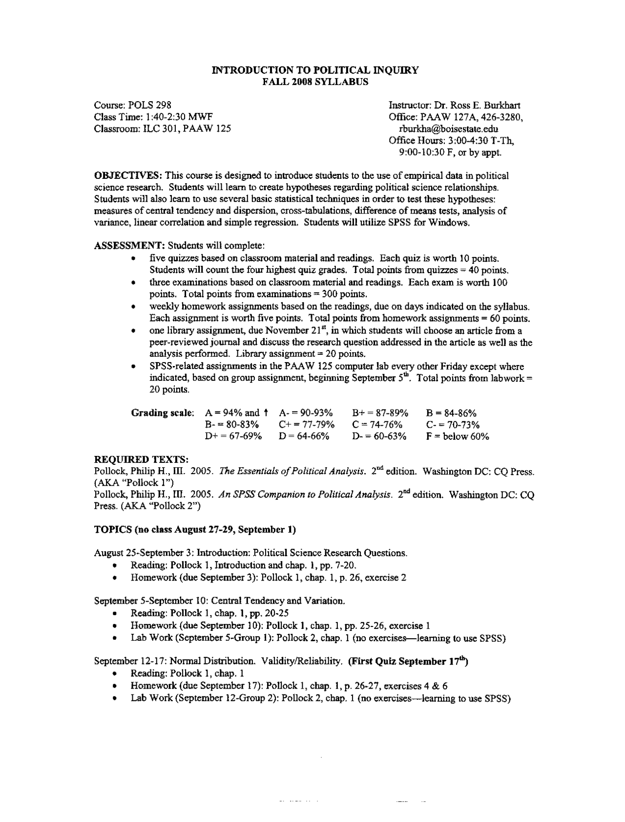 Introduction to Political Inquiry - Syllabus | POLS 298 - Docsity