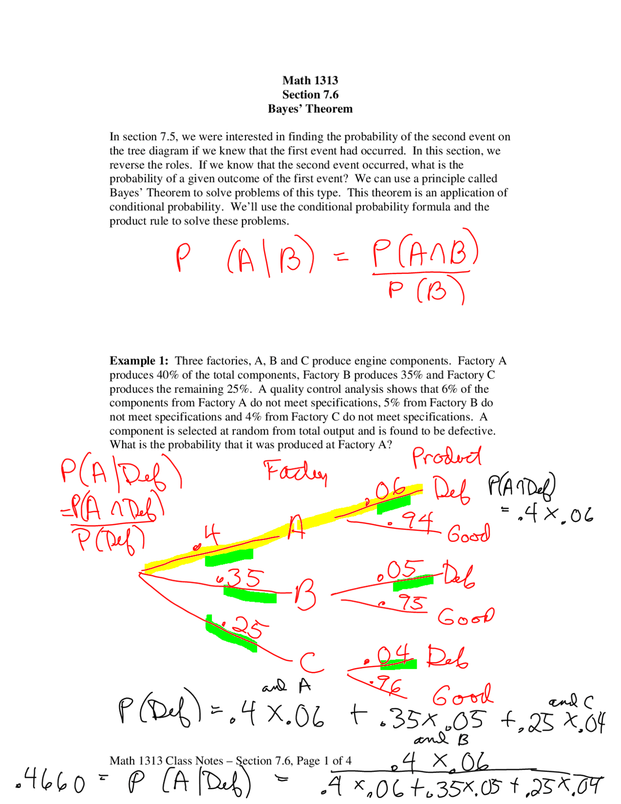 Bayes Theorem - Examples with Solution | MATH 1313 - Docsity