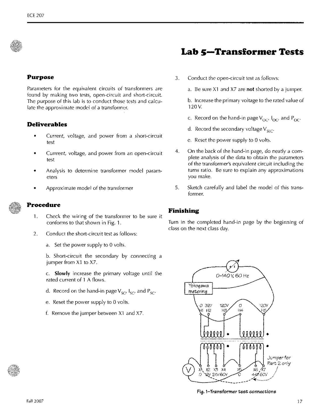 Transformer Project Lab Performance Transformer Test - Elements of Electrical Engineering I - Lab 5 Report ...