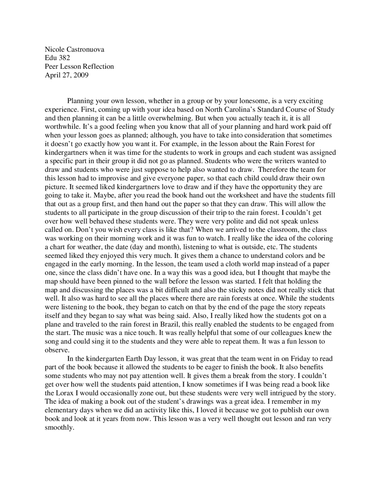 Peer Lesson Reflection for Teaching Elementary Reading | EDU 382 - Docsity