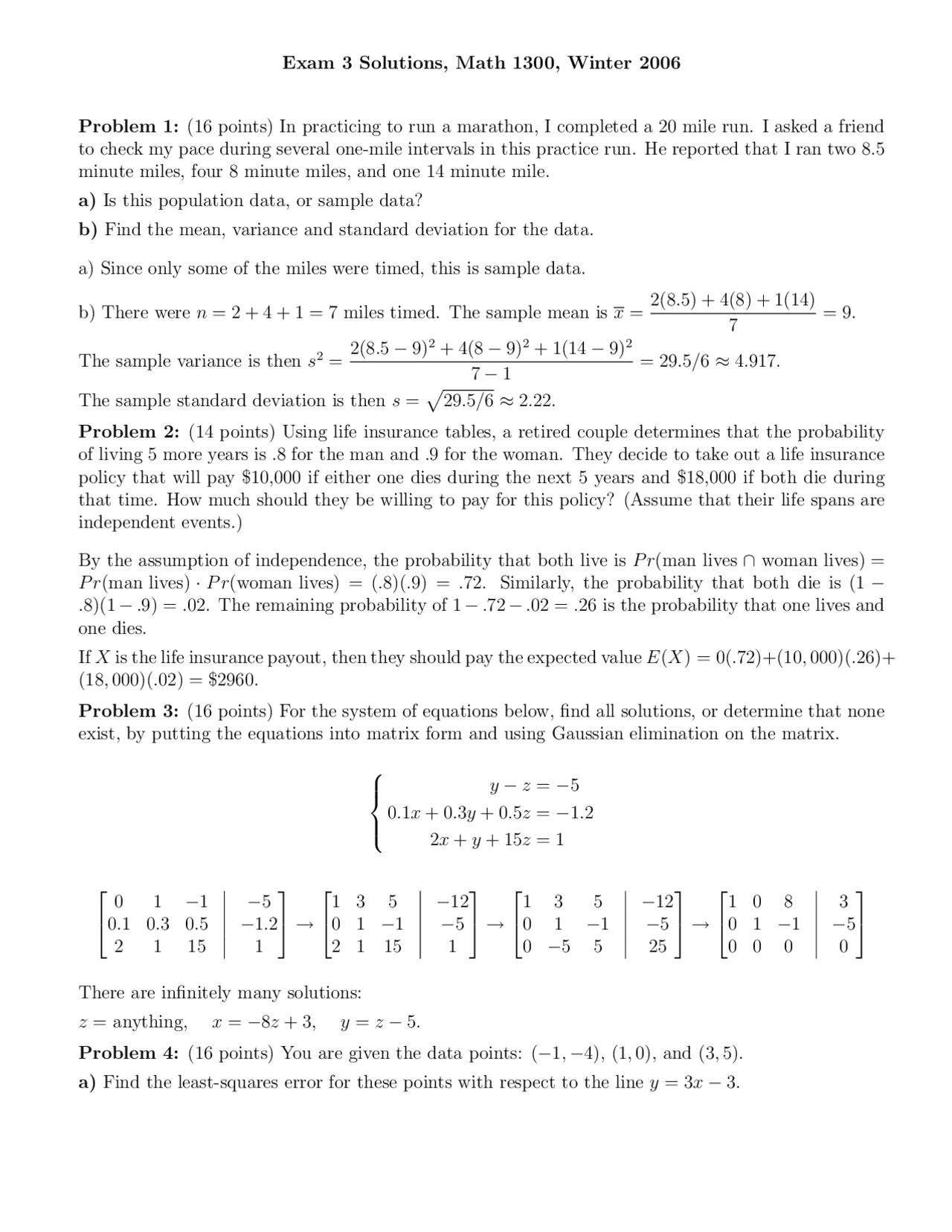 Exam 3 Solutions for Finite Mathematics | MATH 1300 - Docsity