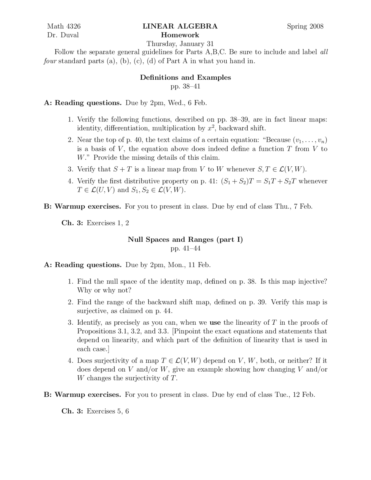 Definitions and Examples - Homework - Linear Algebra | MATH 4326 - Docsity