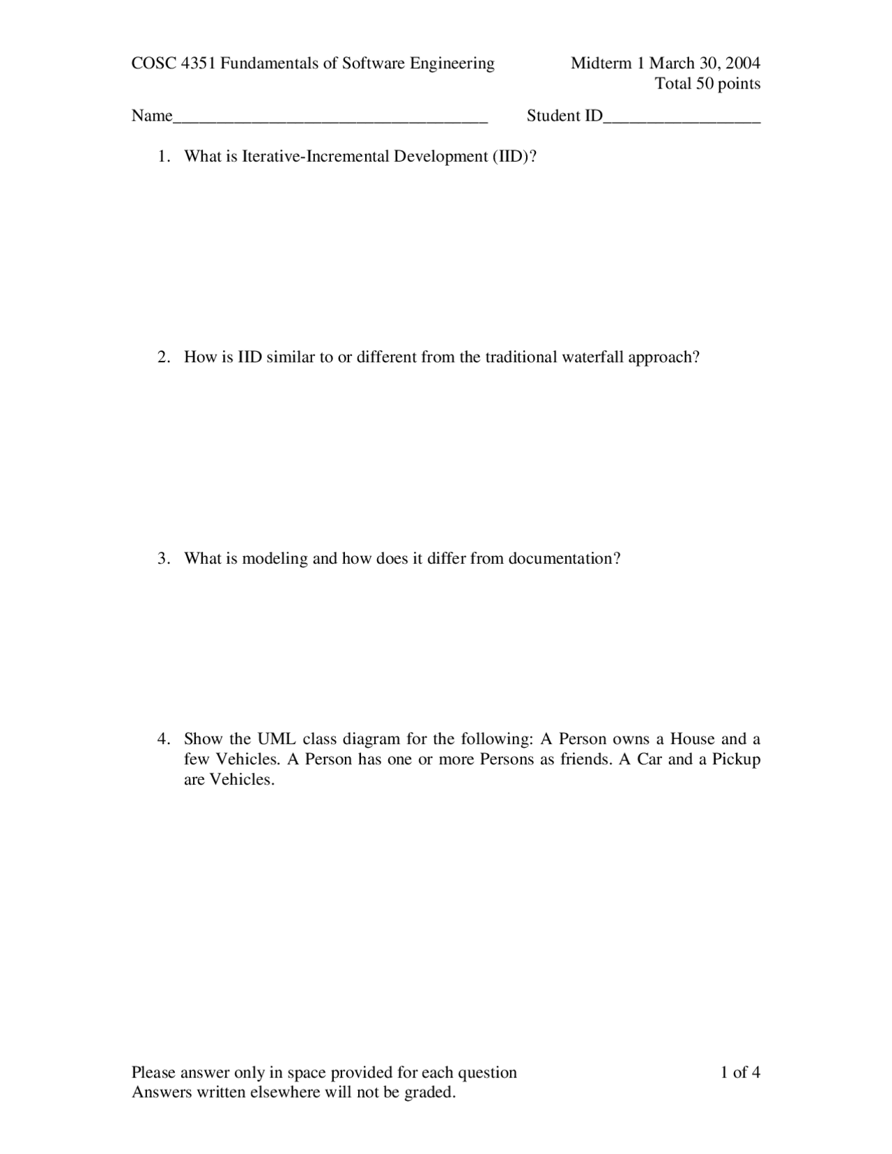 Fundamentals of Software Engineering - Exam 1 | COSC 4351 - Docsity