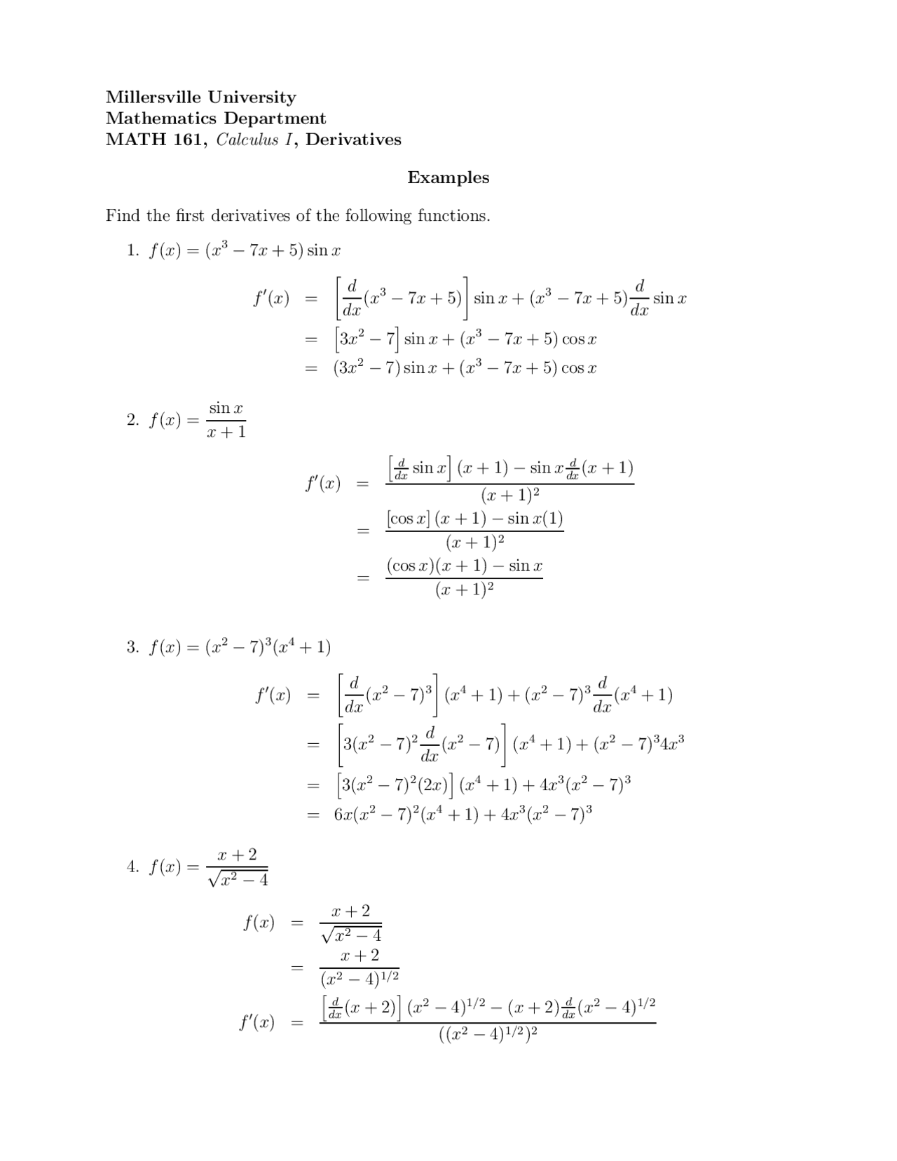 10 Questions of Derivative in Calculus 1 | MATH 161 - Docsity