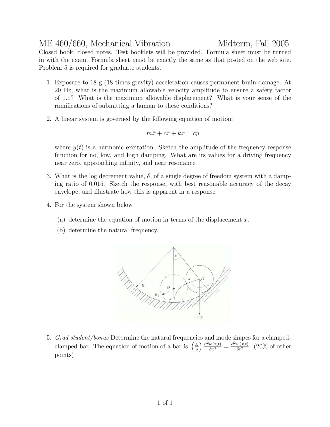 Midterm Exam for Mechanical Vibrations | ME 460 | Exams Mechanics | Docsity Midterm Exam for Mechanical Vibrations | ME 460 | Exams Mechanics | Docsity