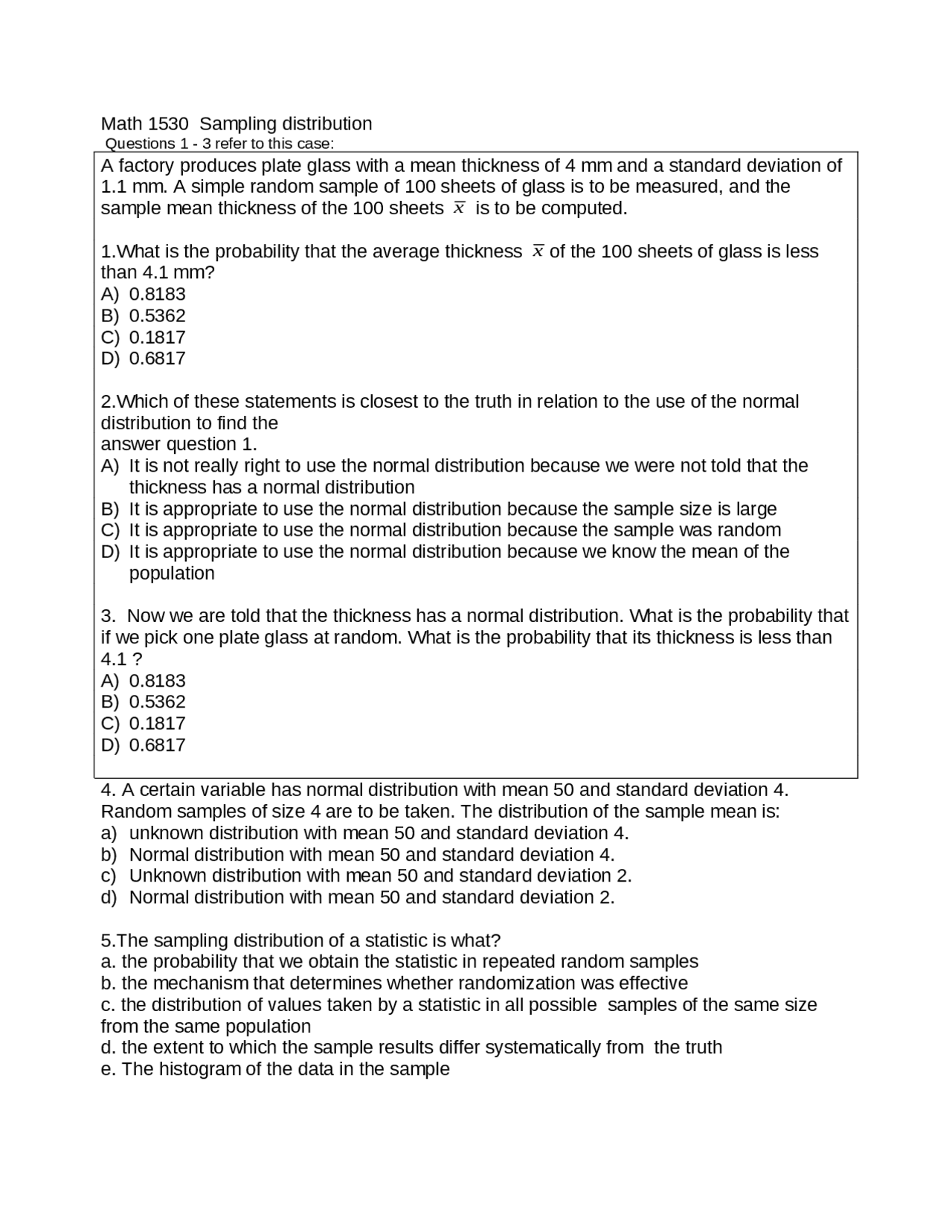 9 Questions on Sampling Distribution - Assignment | MATH 1530 - Docsity