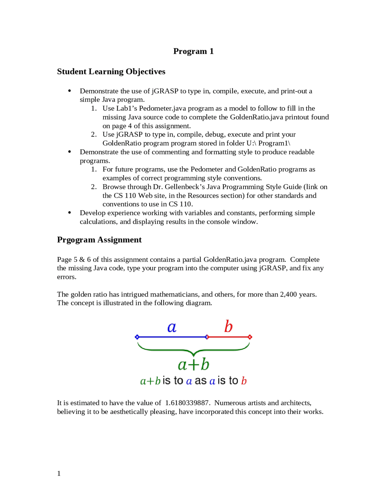 Lab Program 1 - Programming Fundamentals I | CS 110 - Docsity