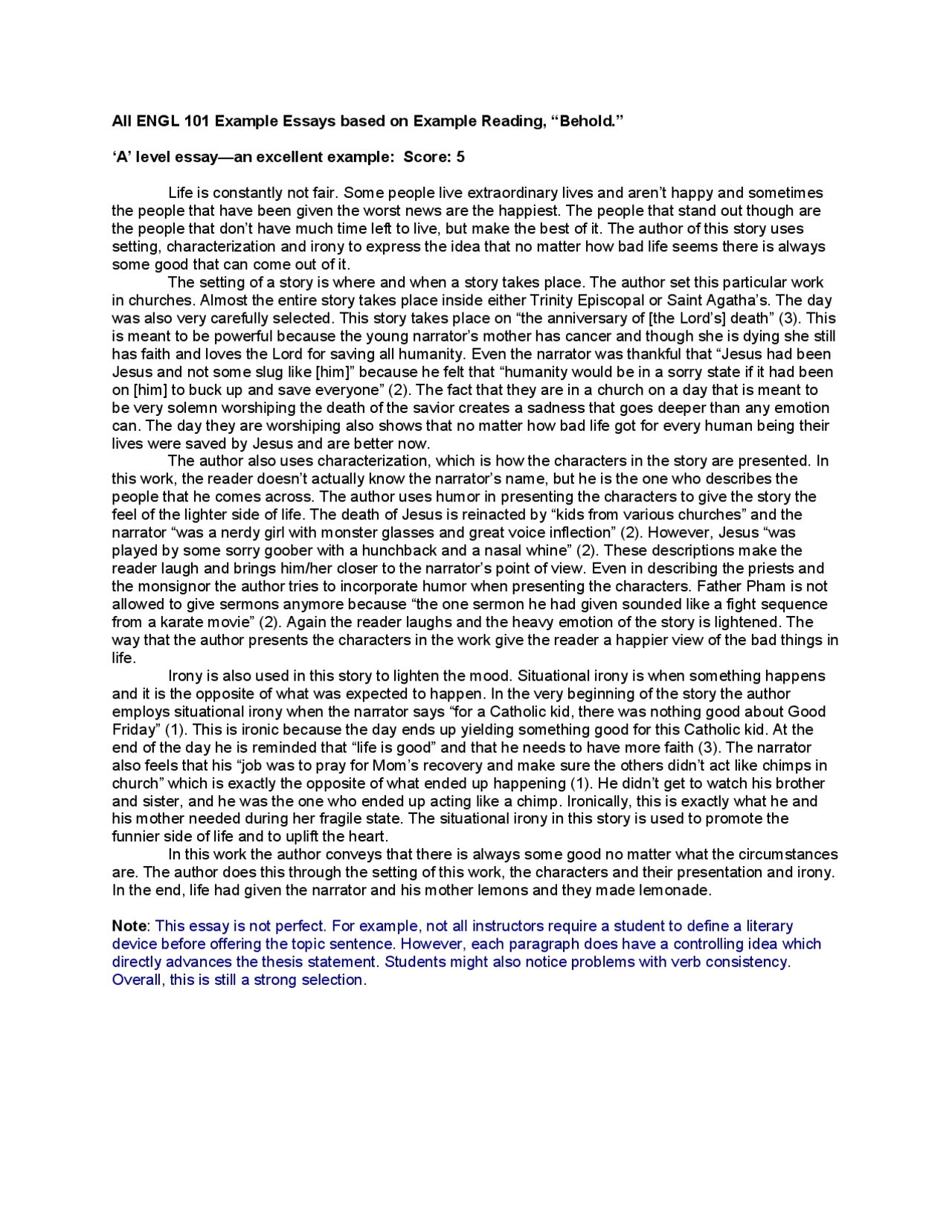 Example Essay based on the Example Reading the Behold | ENGL 101 ...