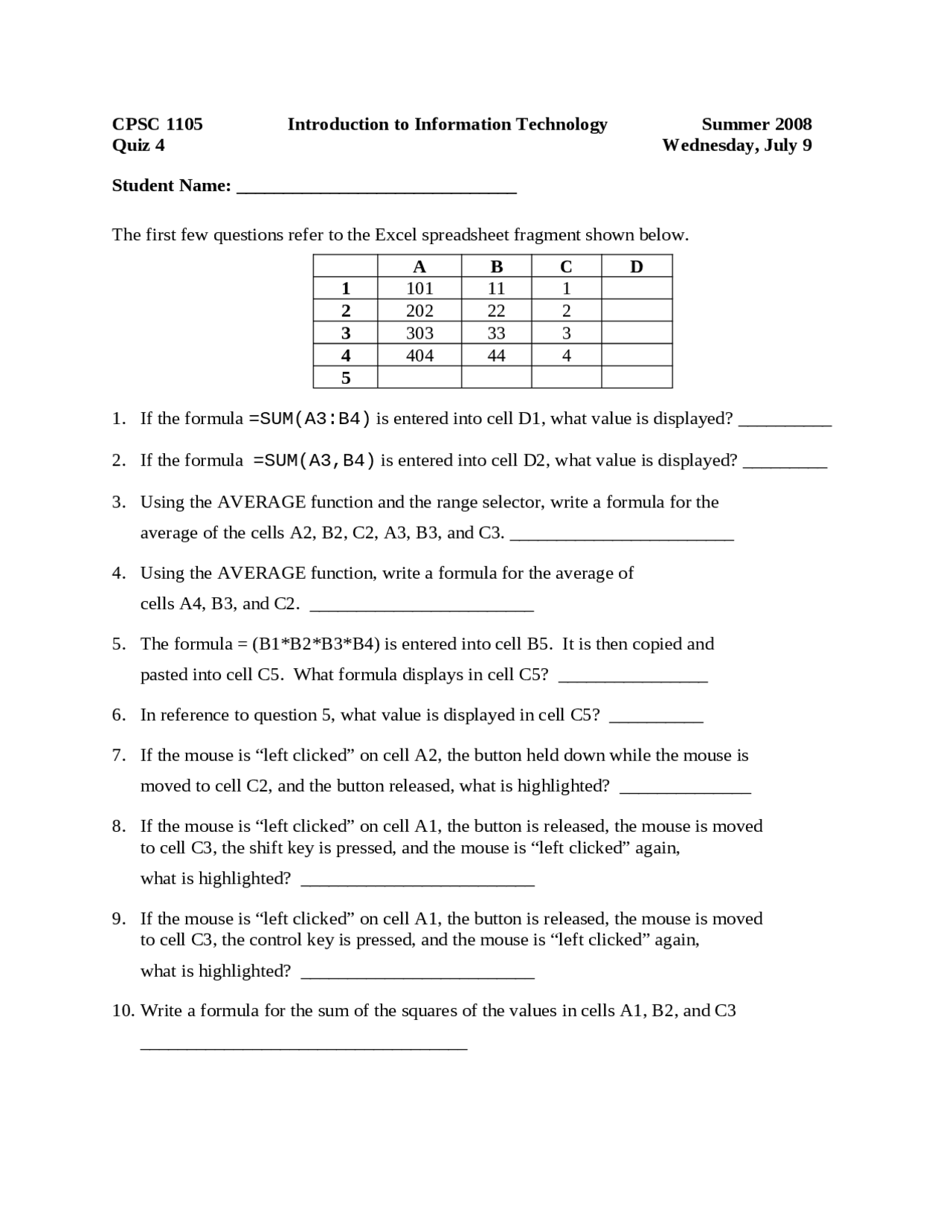 Quiz 4 for Introduction to Information Technology | CPSC 1105 - Docsity