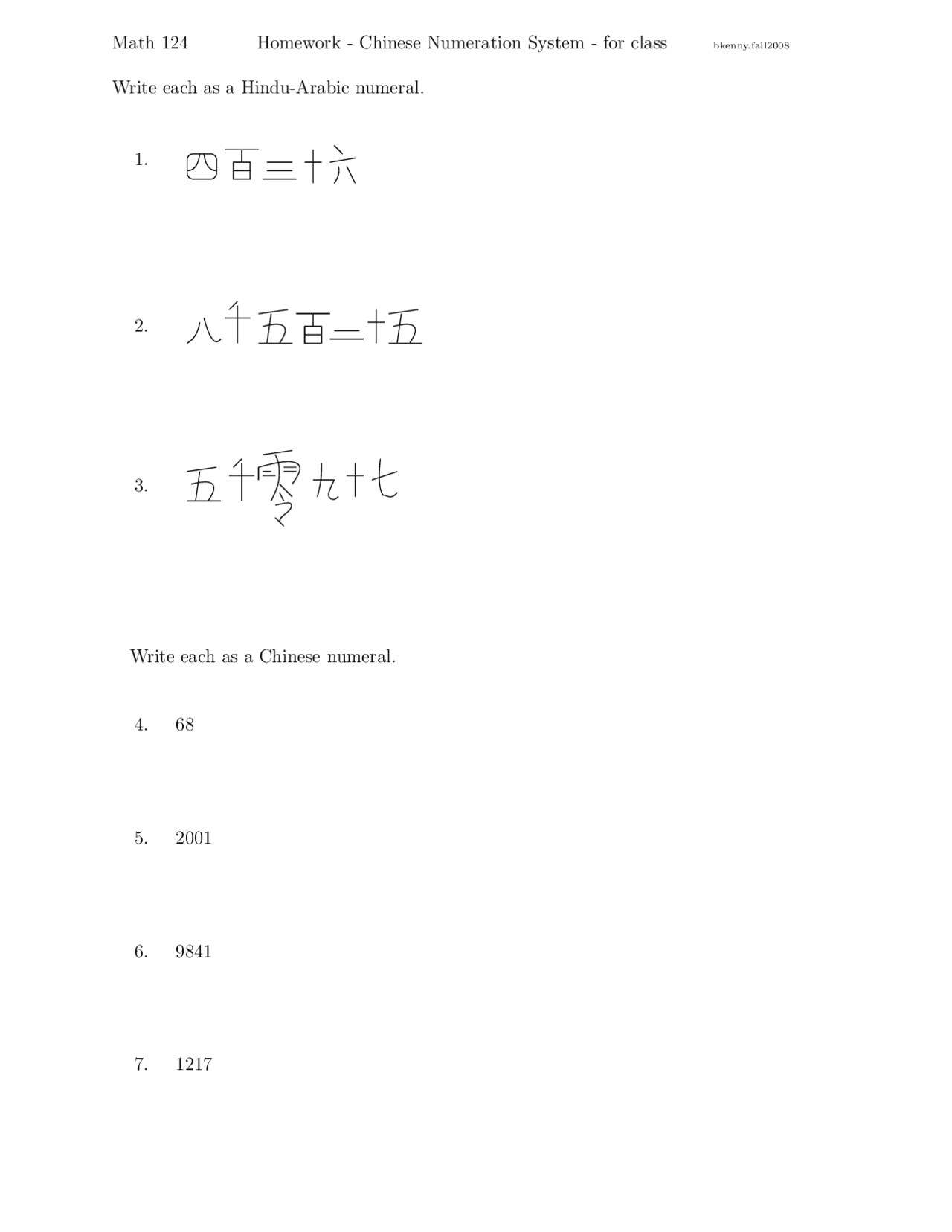 Homework for Chinese Numeration System | MATH 124 - Docsity