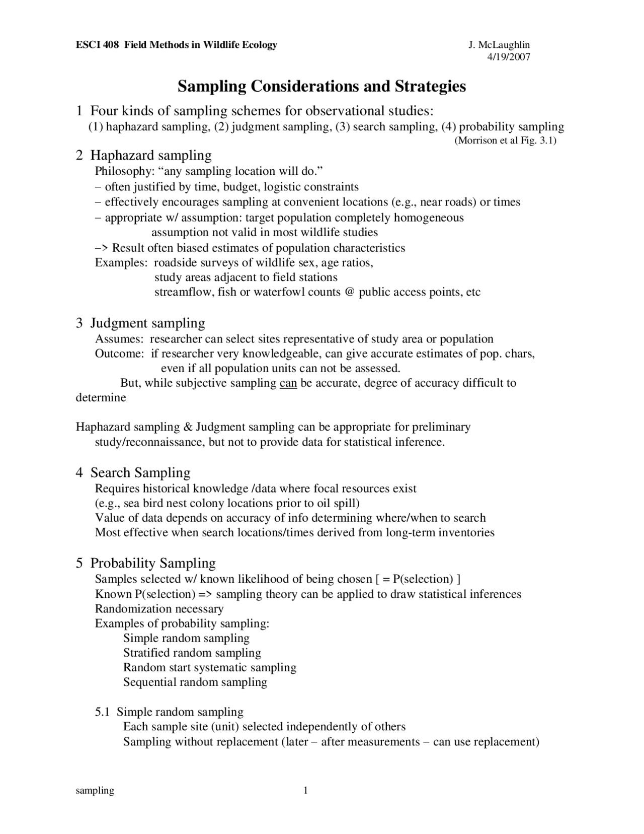 Sampling Considerations Sampling Considerations and Strategies - Notes | ESCI 408 - Docsity
