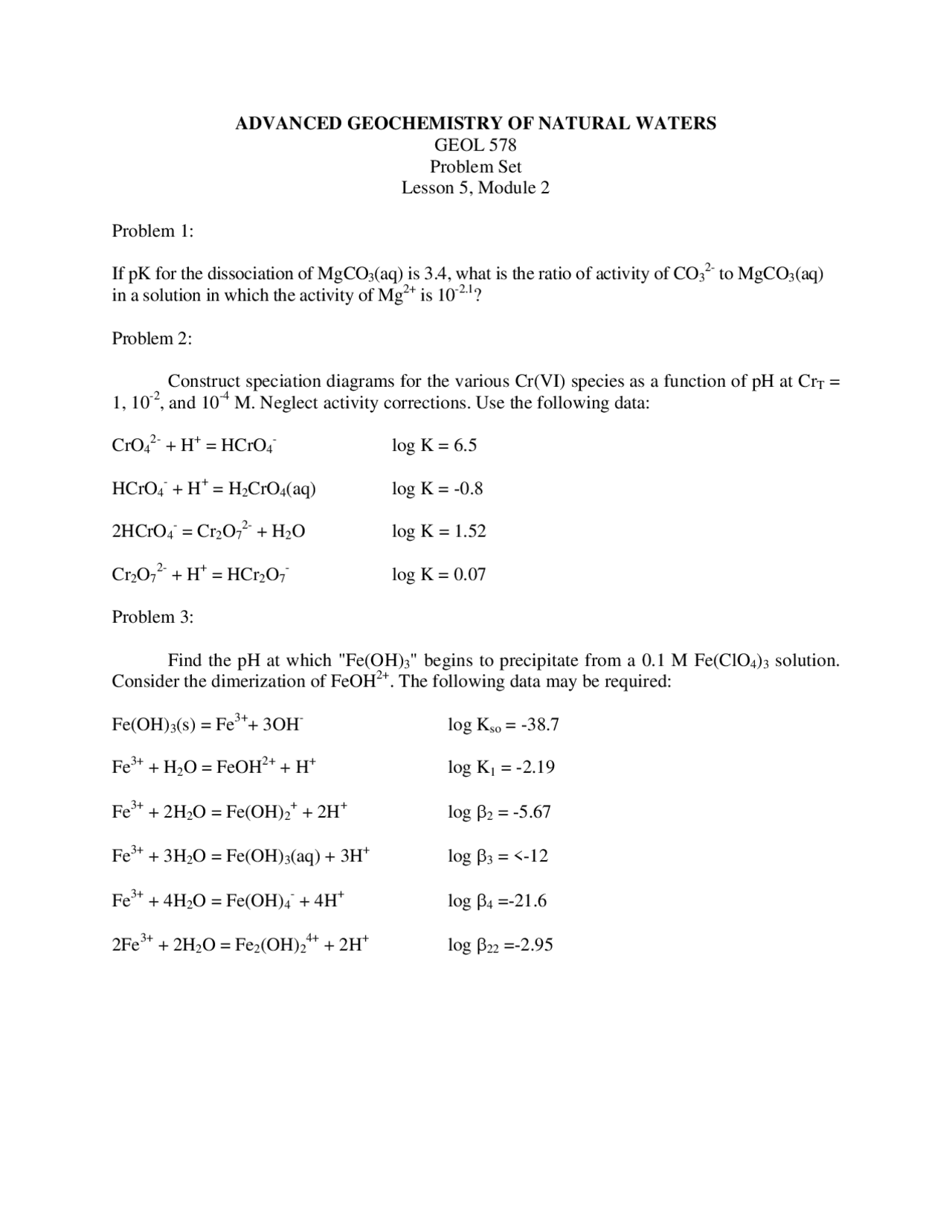 Module 2 for Advanced Geochemistry of Natural Waters | GEOL 578 - Docsity