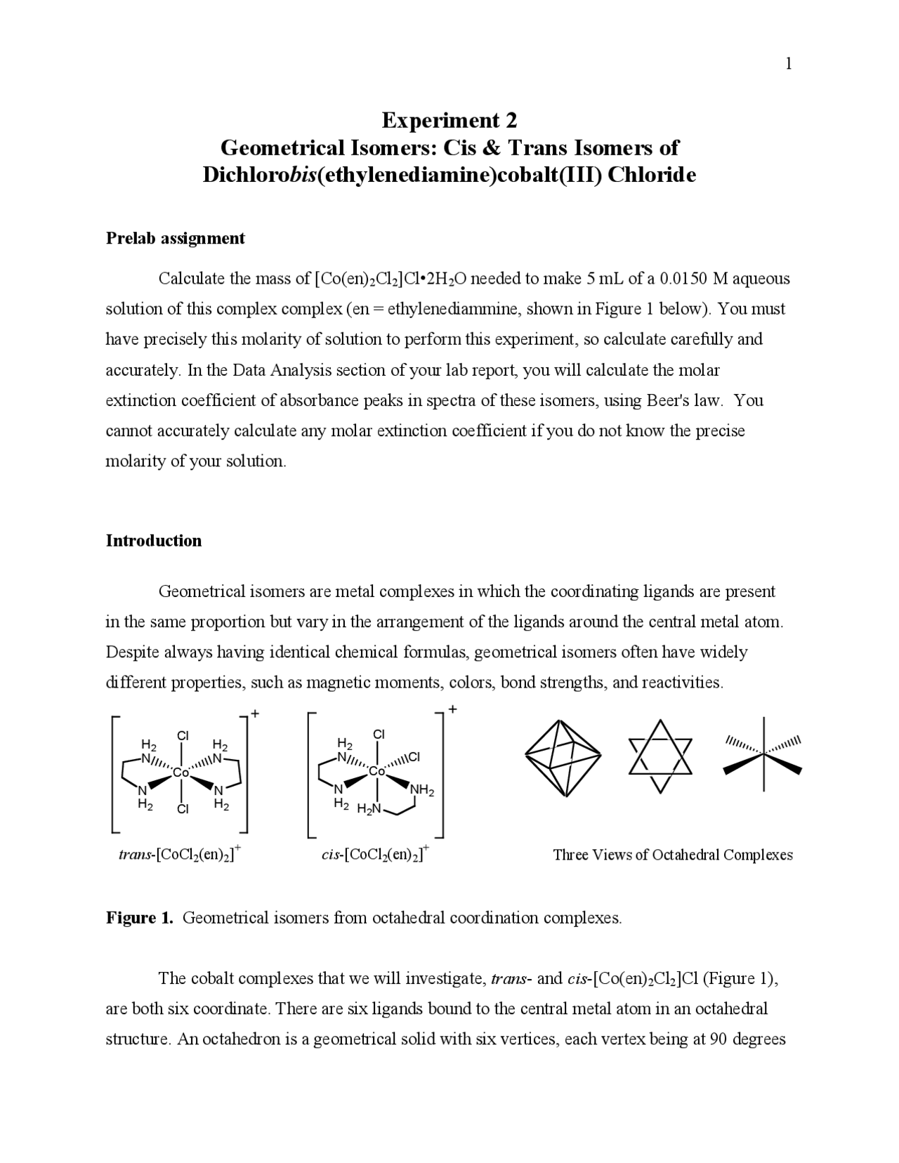 Experiment 2 Geometrical Isomers Cis and Trans Isomers of Dichlorobis
