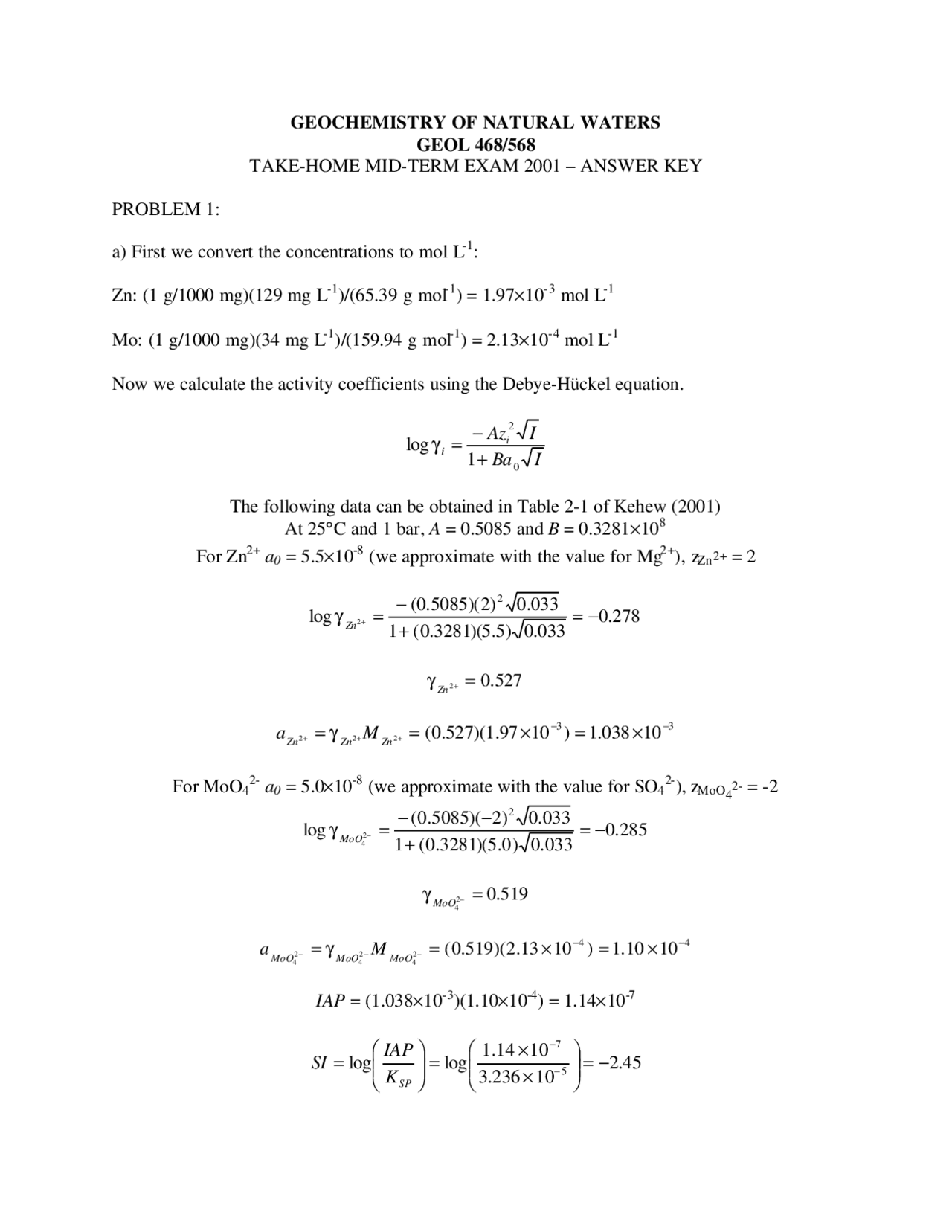 Solutions to Final Exam - The Geochemistry of Natural Waters | GEOL 464 ...
