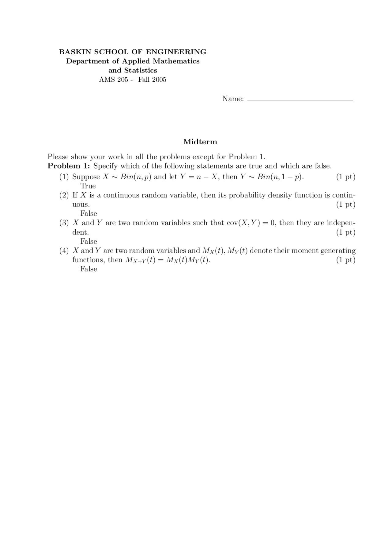 Midterm Exam in Applied Mathematics and Statistics - Fall 2005 | Exams ...