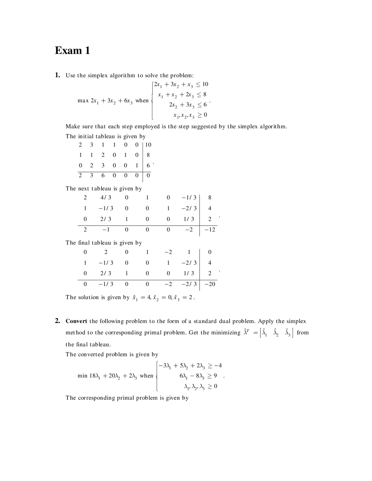 Solutions for Exam 1 - Linear Programming and Network Flows | MATH 444 ...
