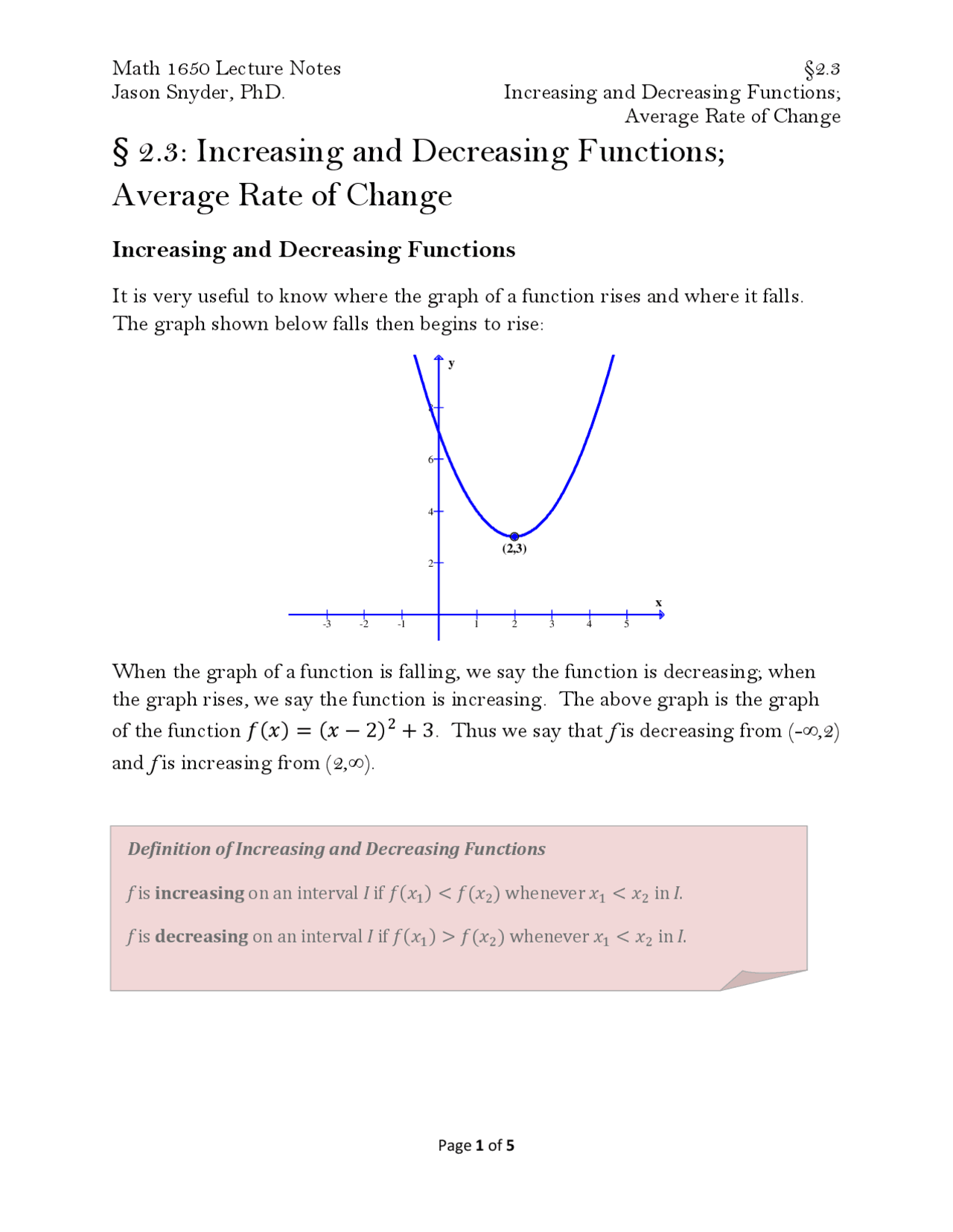 Increasing and Decreasing Functions: Average rate of Change | MATH 1650 ...