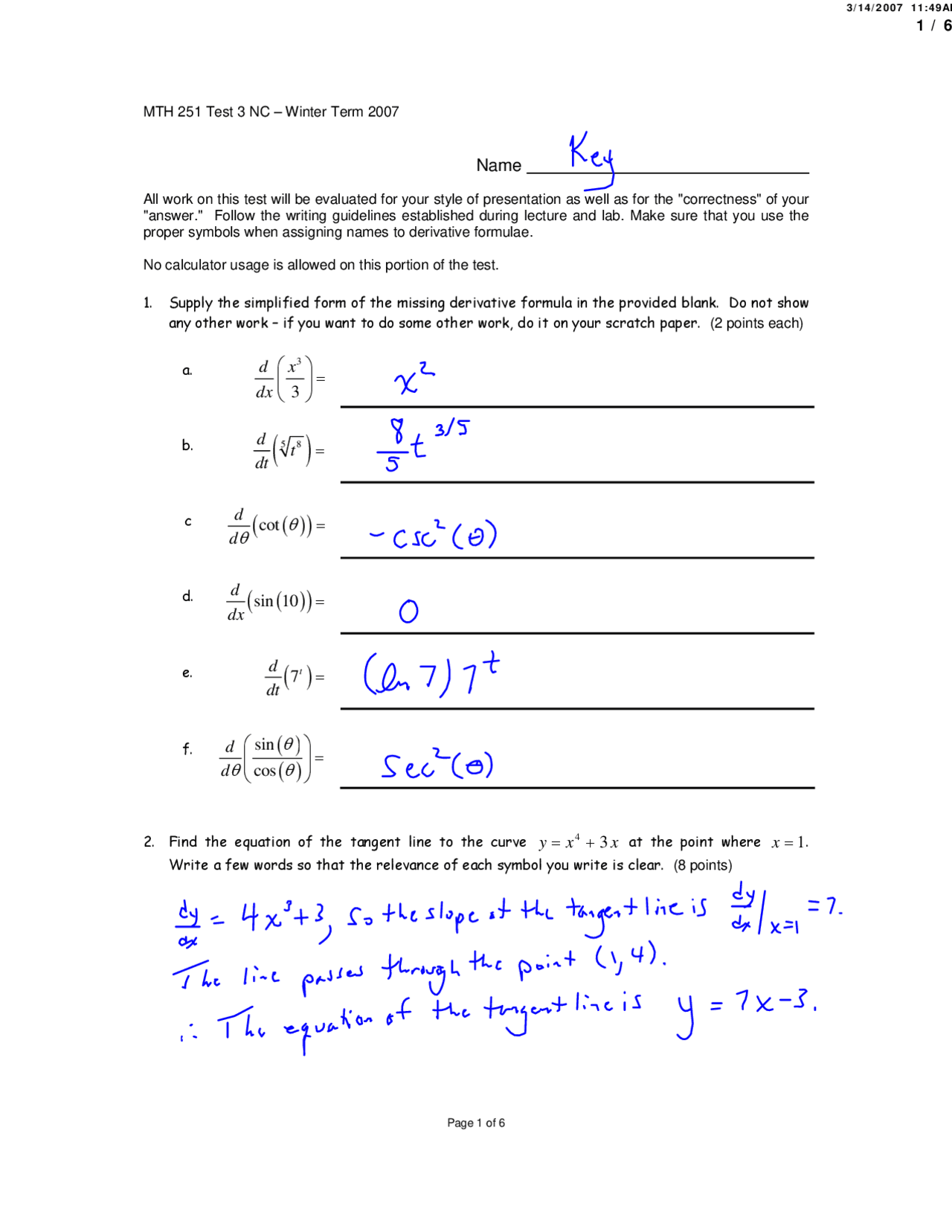 Calculus I Math Questions Calculus 1- Questions with Solutions in Exam | MTH 251 - Docsity