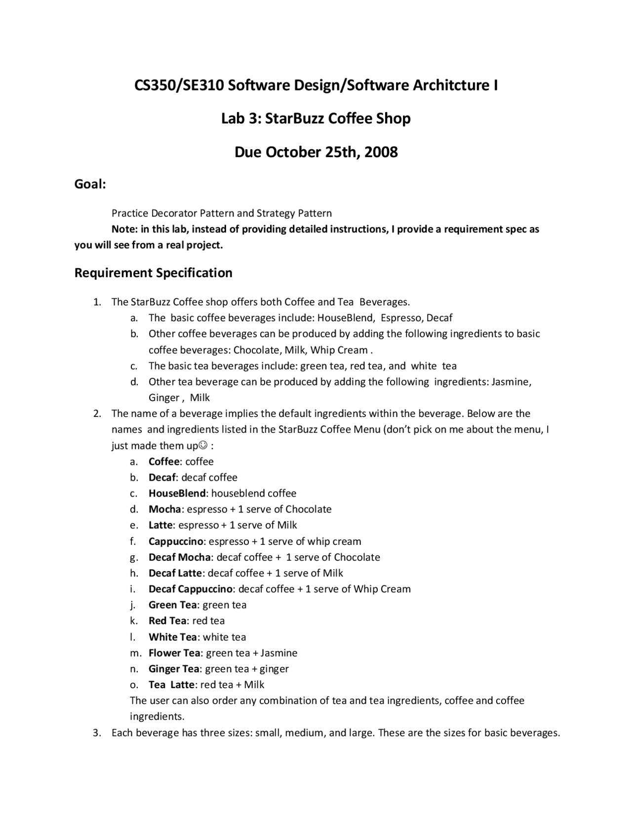 StarBuzz Coffee Shop - Lab 3 - Software Design | CS 350 - Docsity