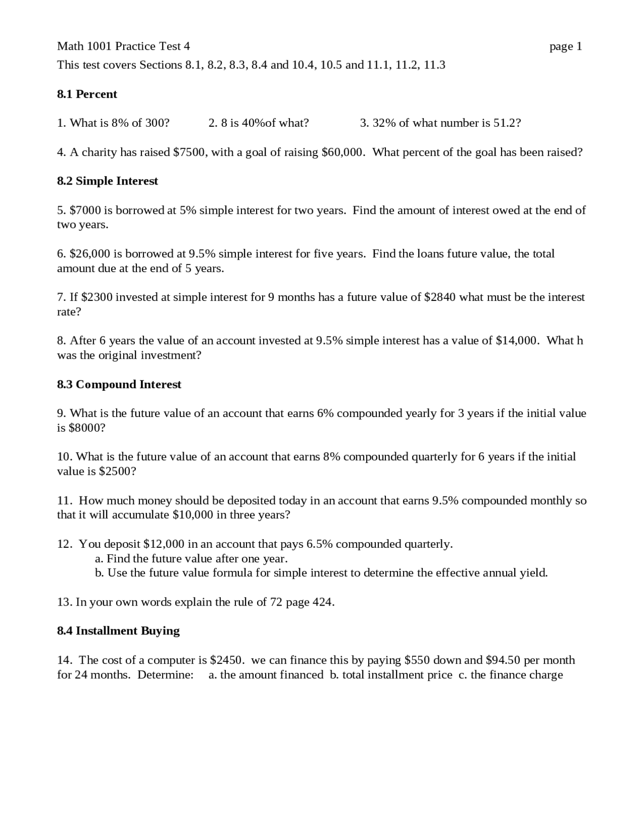 Practice Test 4 for Quantitative Skills and Reasoning | MATH 1001 - Docsity