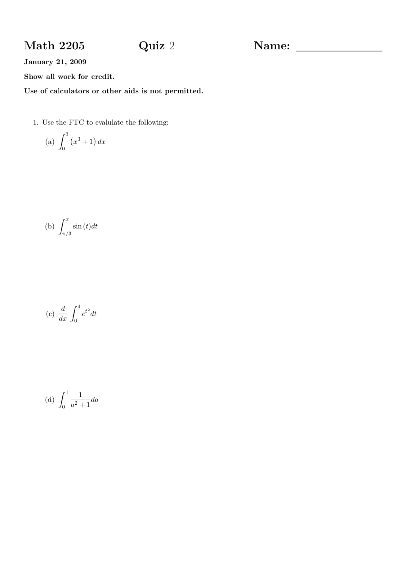 Quiz 2 Practice Questions - Calculus II | MATH 2205 - Docsity