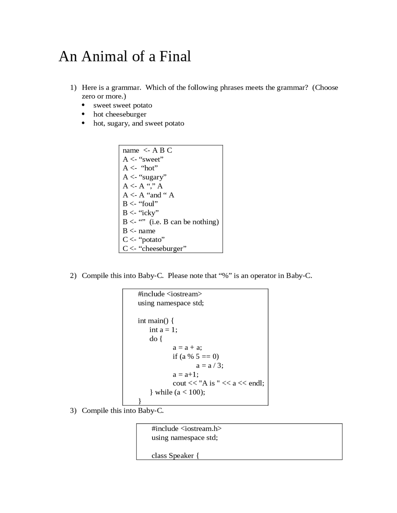 An Animal Final - Principles of Programming Languages | CS 322 - Docsity