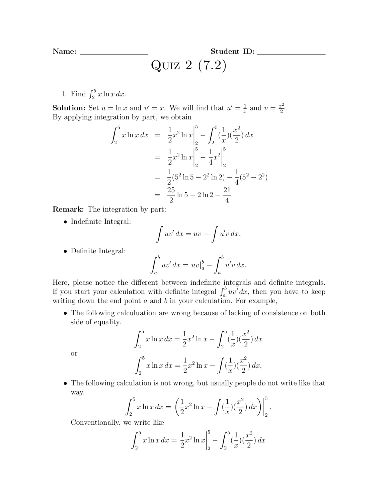 Questions with Answer for Quiz 2 - Calculus II | MATH 129 - Docsity