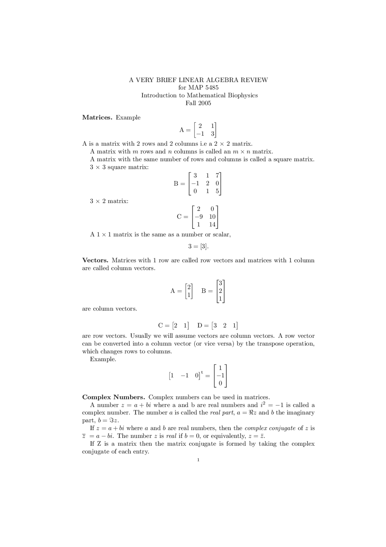 Brief Linear Algebra Review - Mathematical Biophysics | MAP 5485 - Docsity