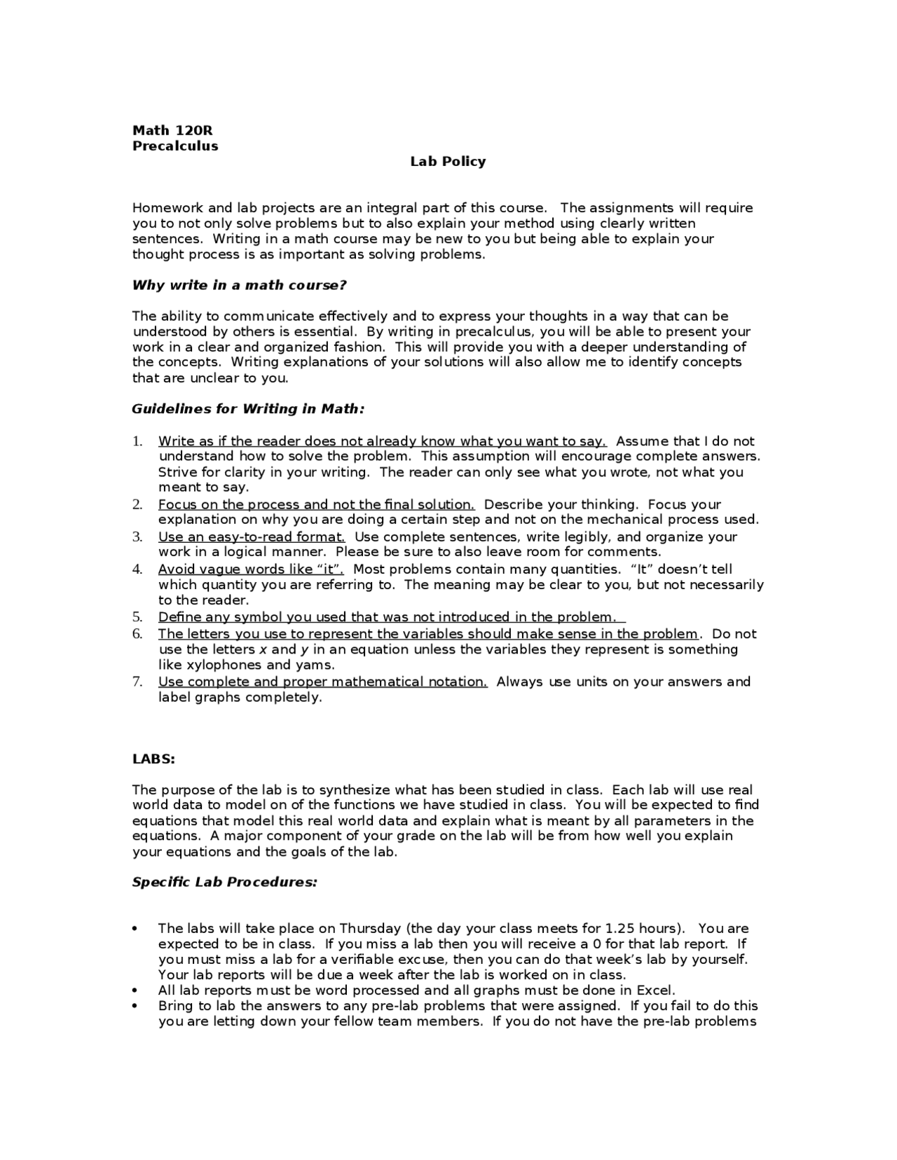 Lab Policy Calculus Preparation MATH 120R Docsity