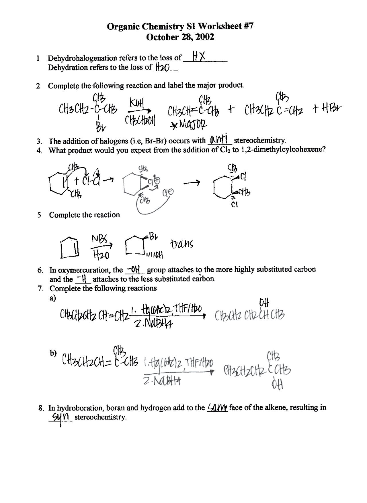 Solved Worksheet 7 - Organic Chemistry I | CHE 2201 - Docsity