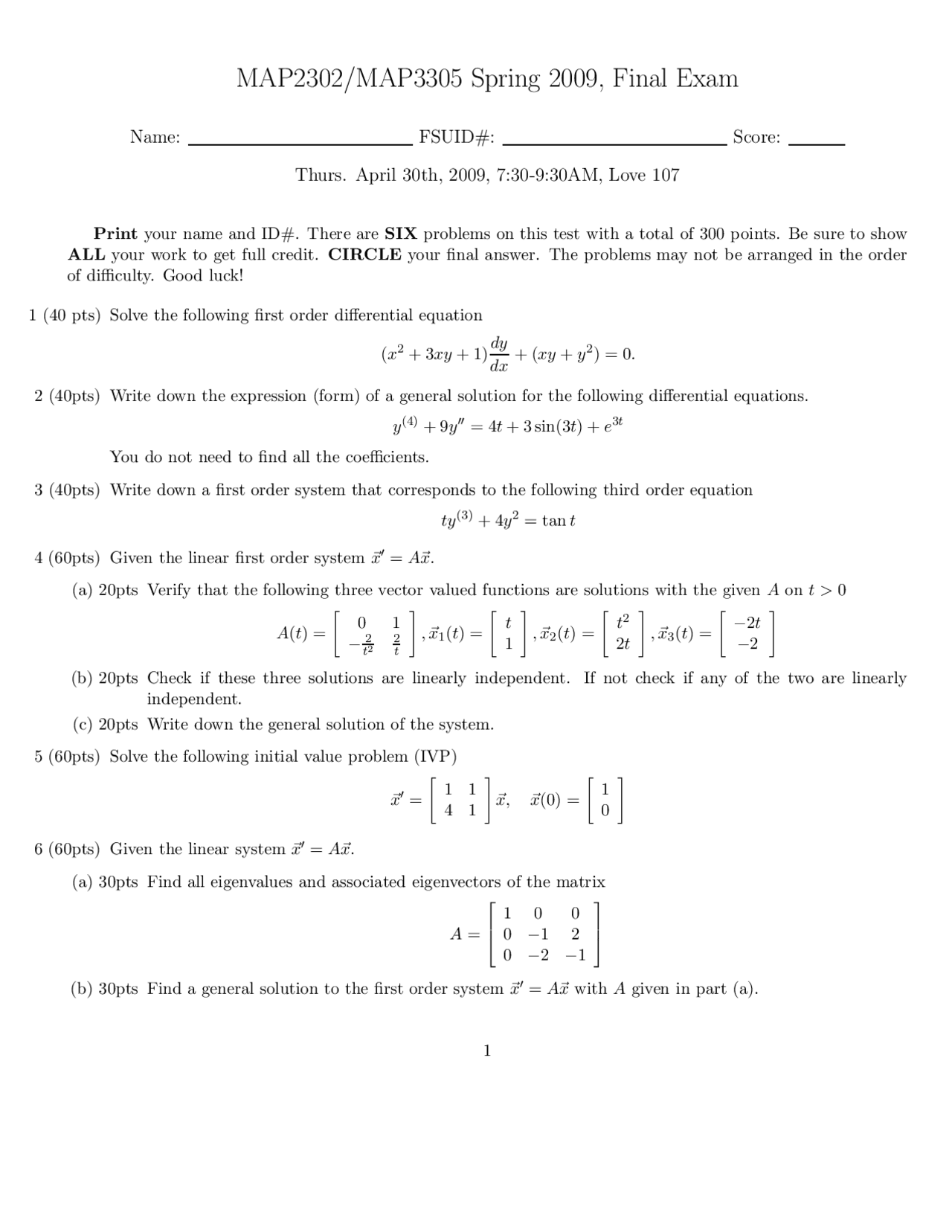 Final Exam Key - Ordinary Differential Equations | MAP 2302 - Docsity