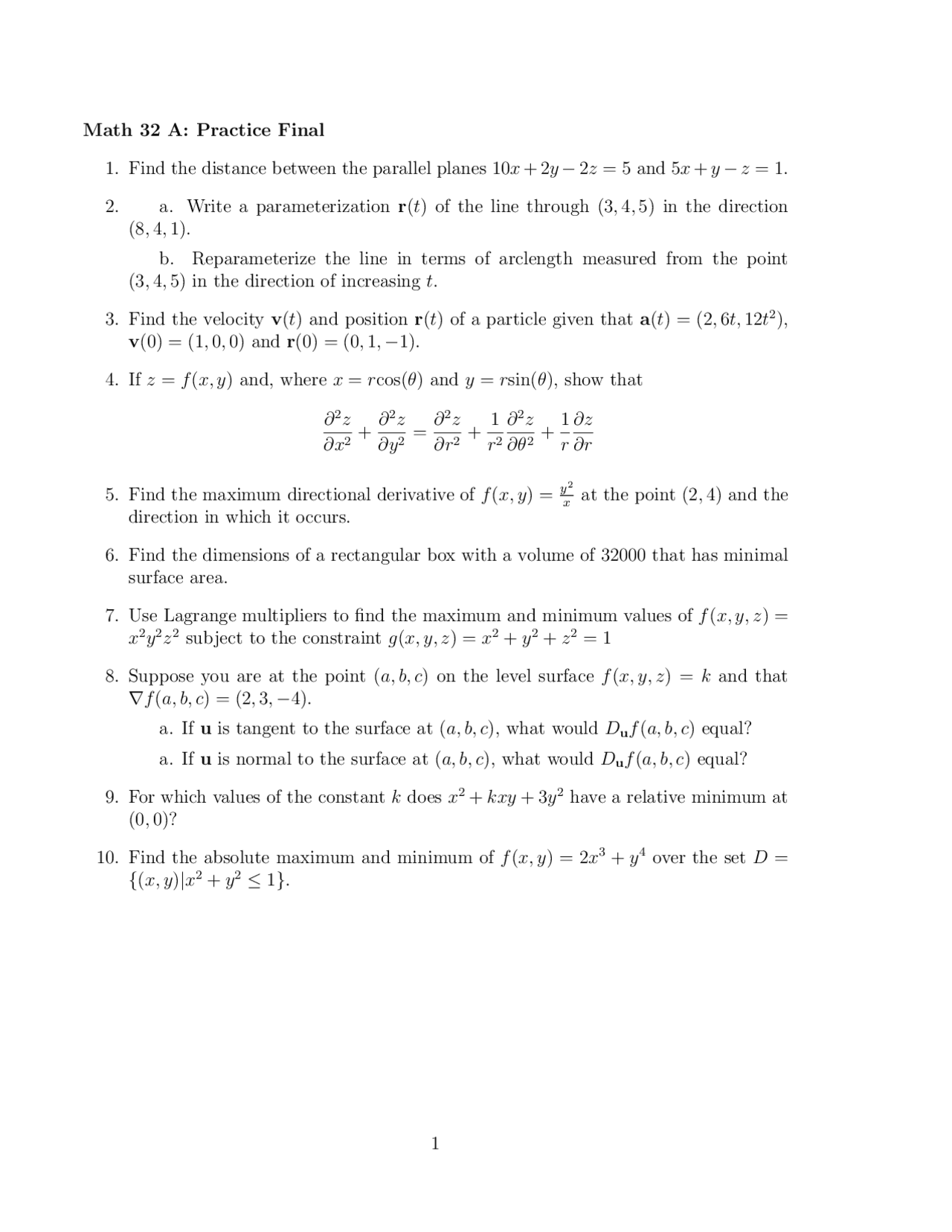 Practice Final for Calculus of Several Variables | MATH 32A | Exams ...