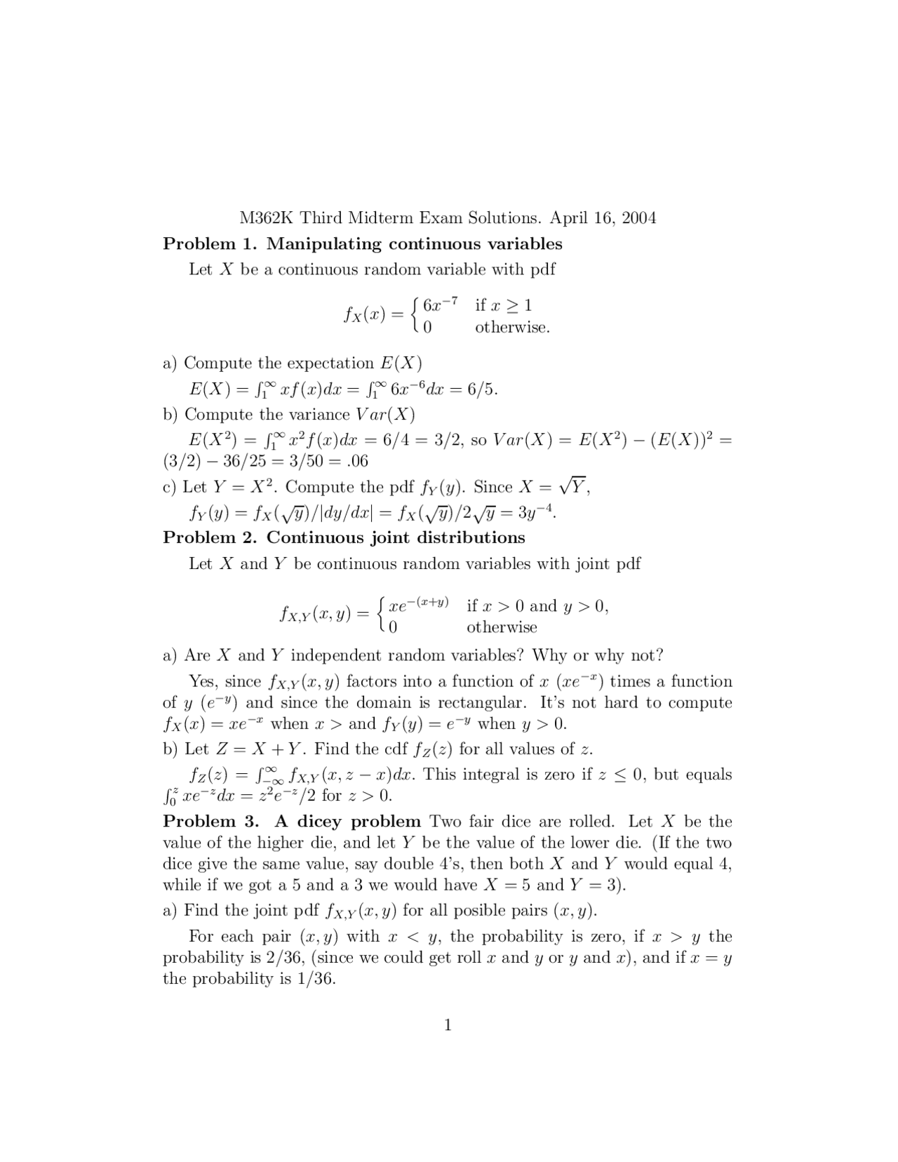 Midterm Exam 3 Solutions - Probability I | M 362K | Exams Probability ...