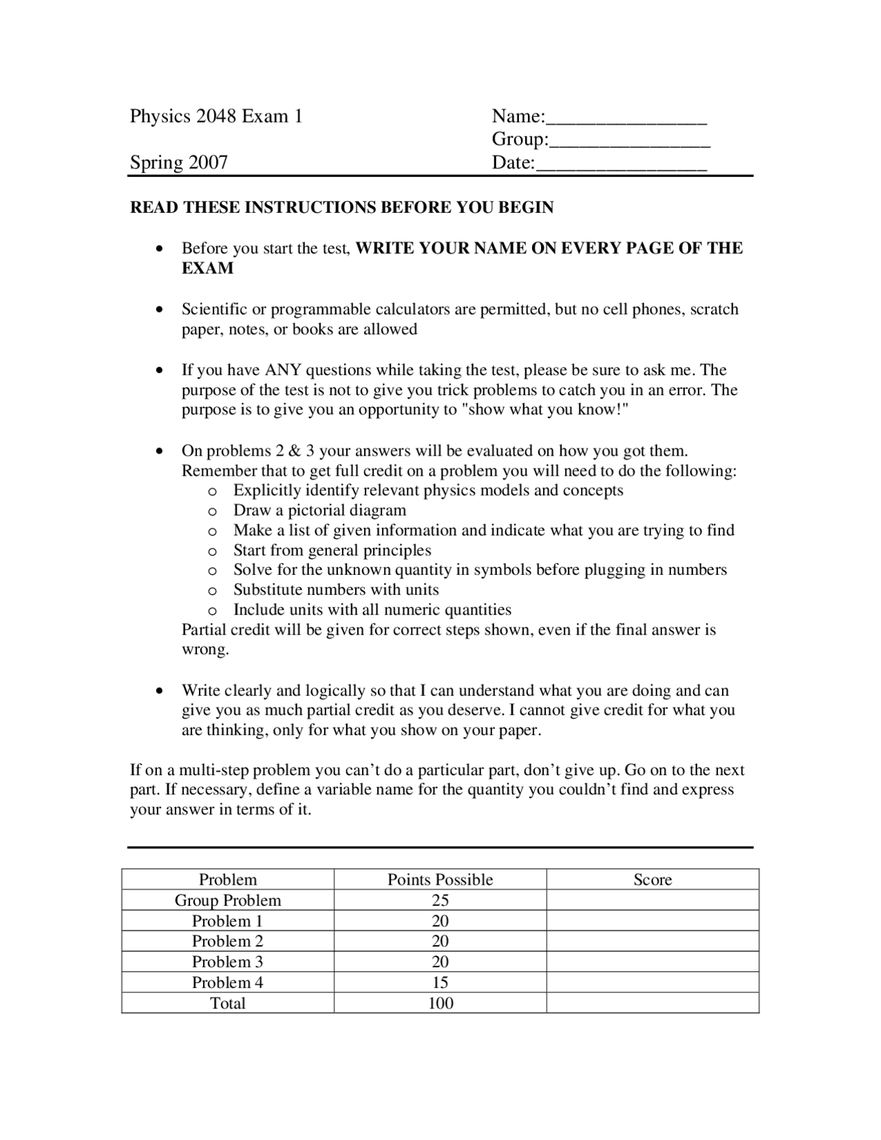 Examination 1 Practice Problems on Physics with Calculus I - Spring ...