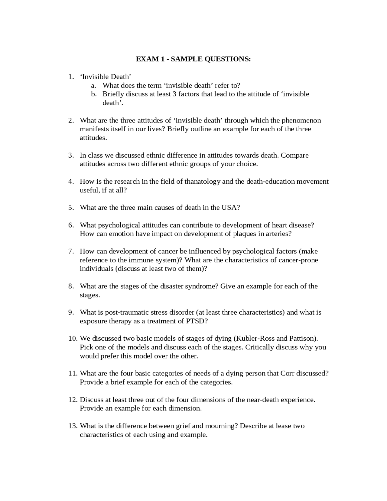Exam 1 Sample Questions - Psychology of Death and Loss | PSYC 456 - Docsity
