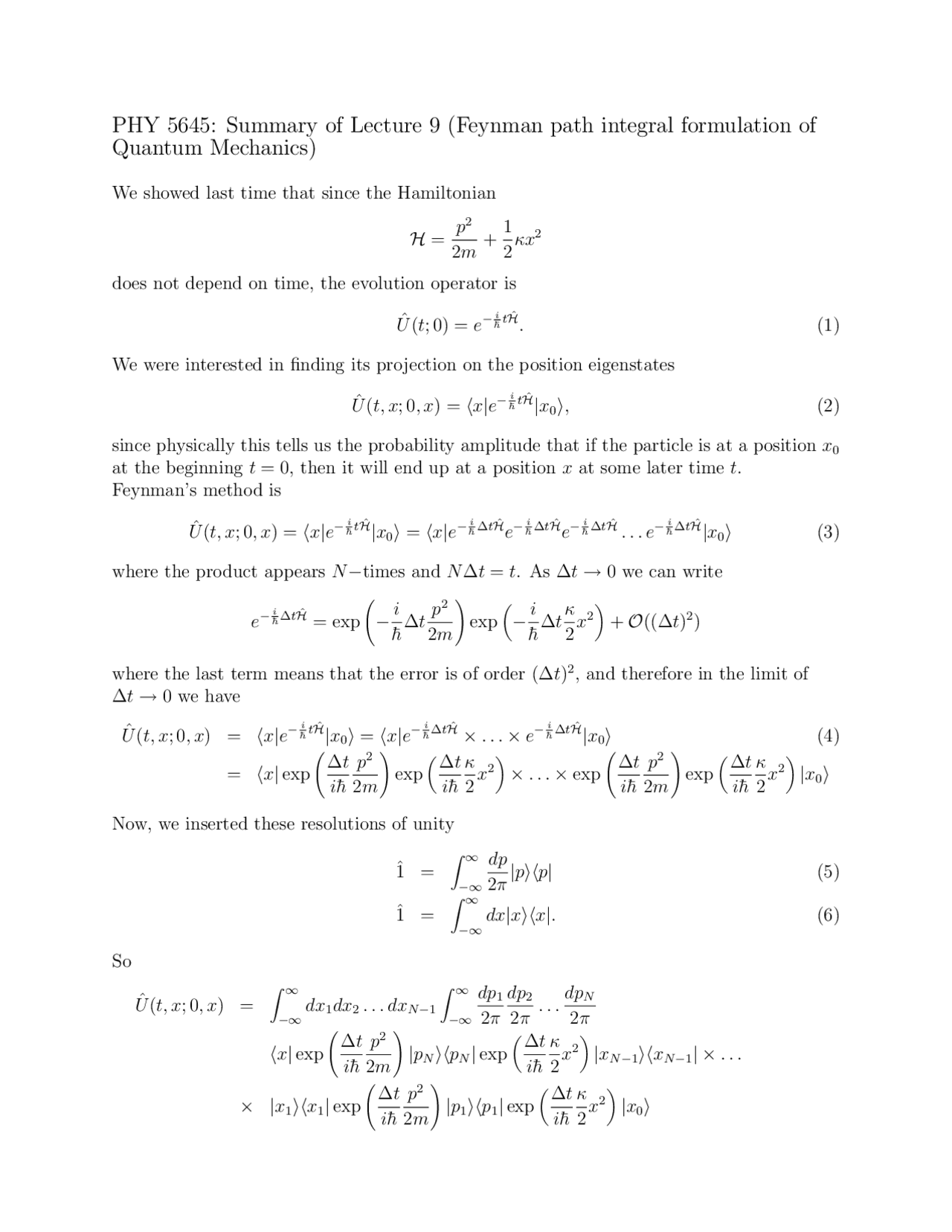 Feynman Path Integral Formulation of Quantum Mechanics | PHY 5645 - Docsity
